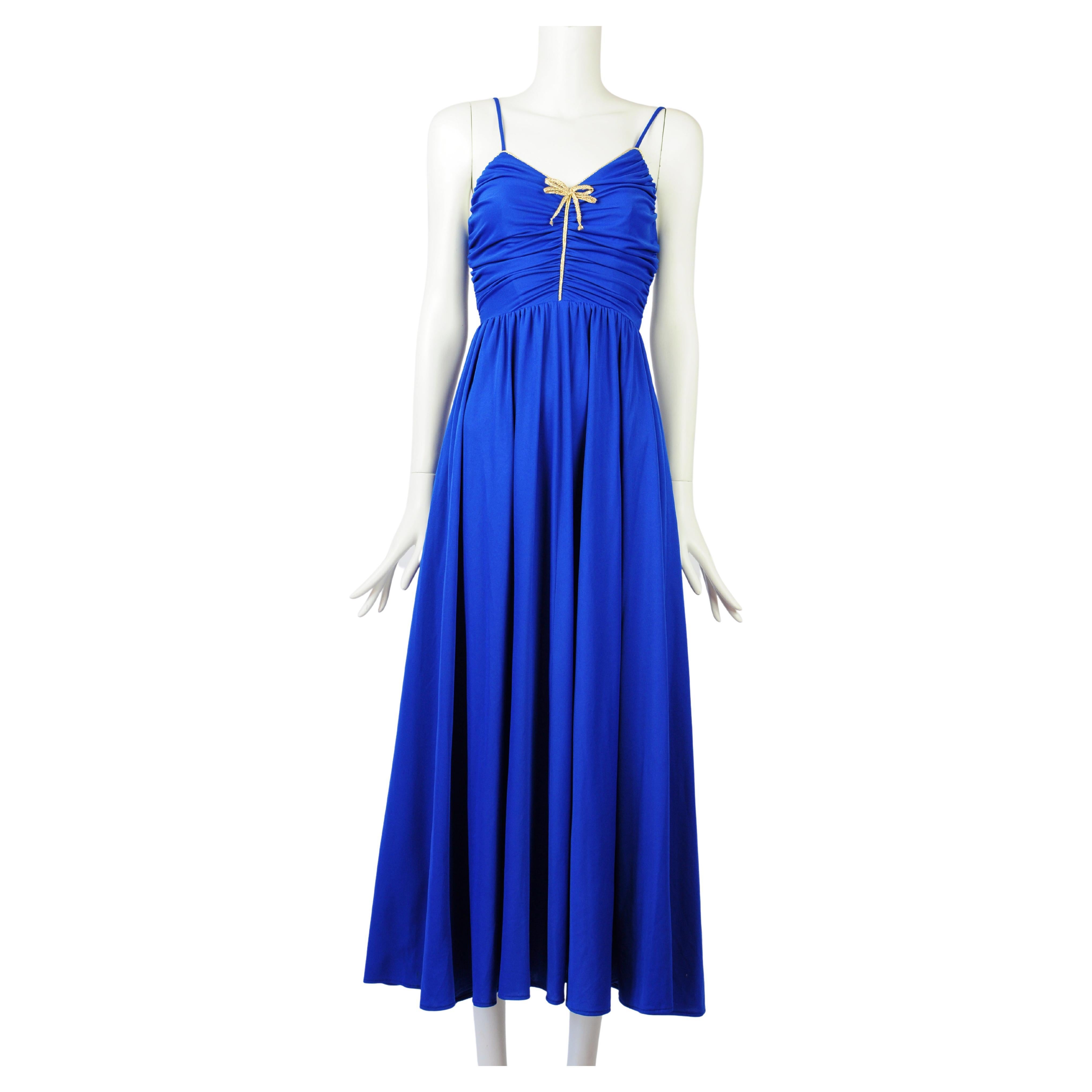 Trina Lewis Marjon Couture Maxi Dress Royal Blue Gold Bow 1970s For Sale