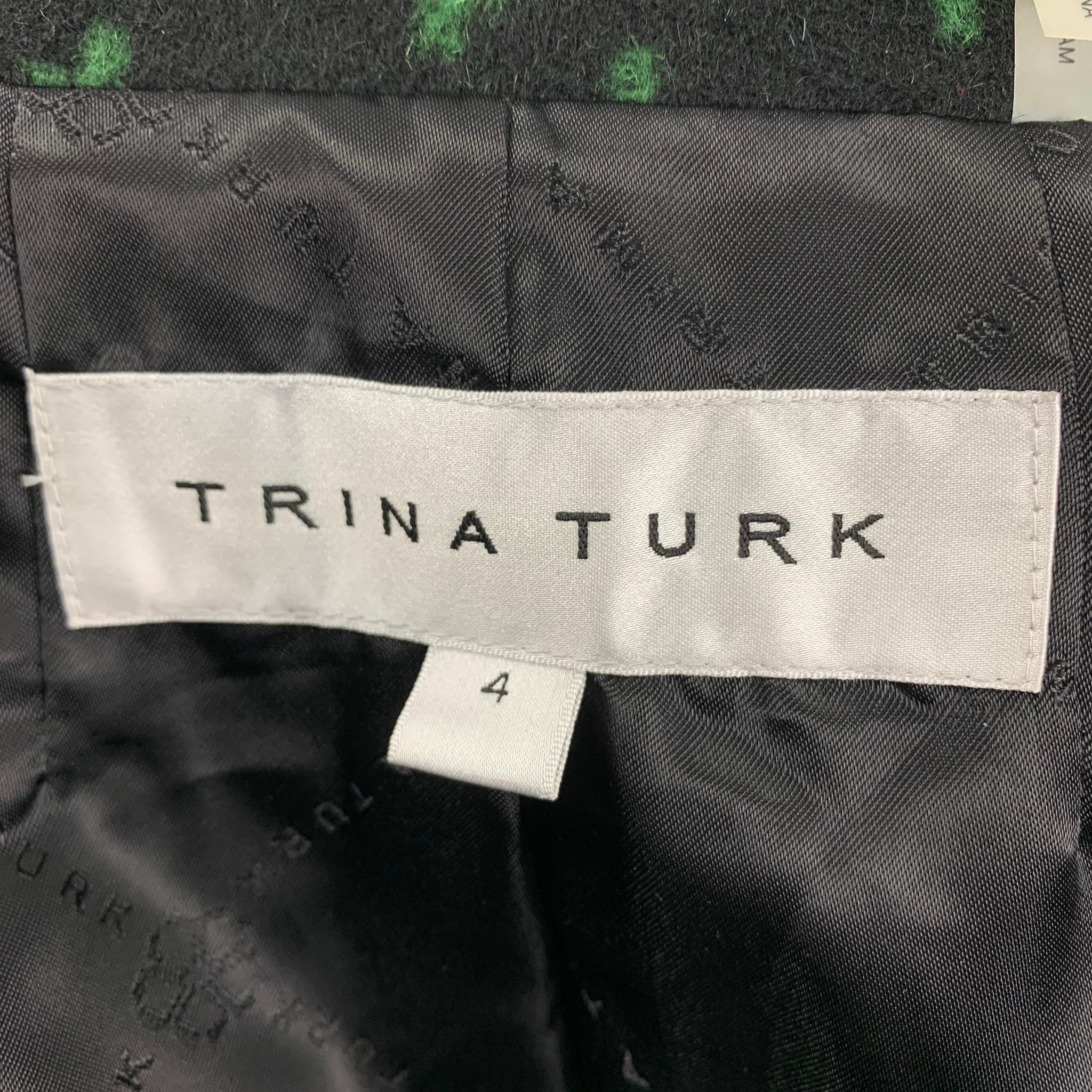 TRINA TURK Size 4 Black Green Wool Nylon Houndstooth Snaps Coat 2