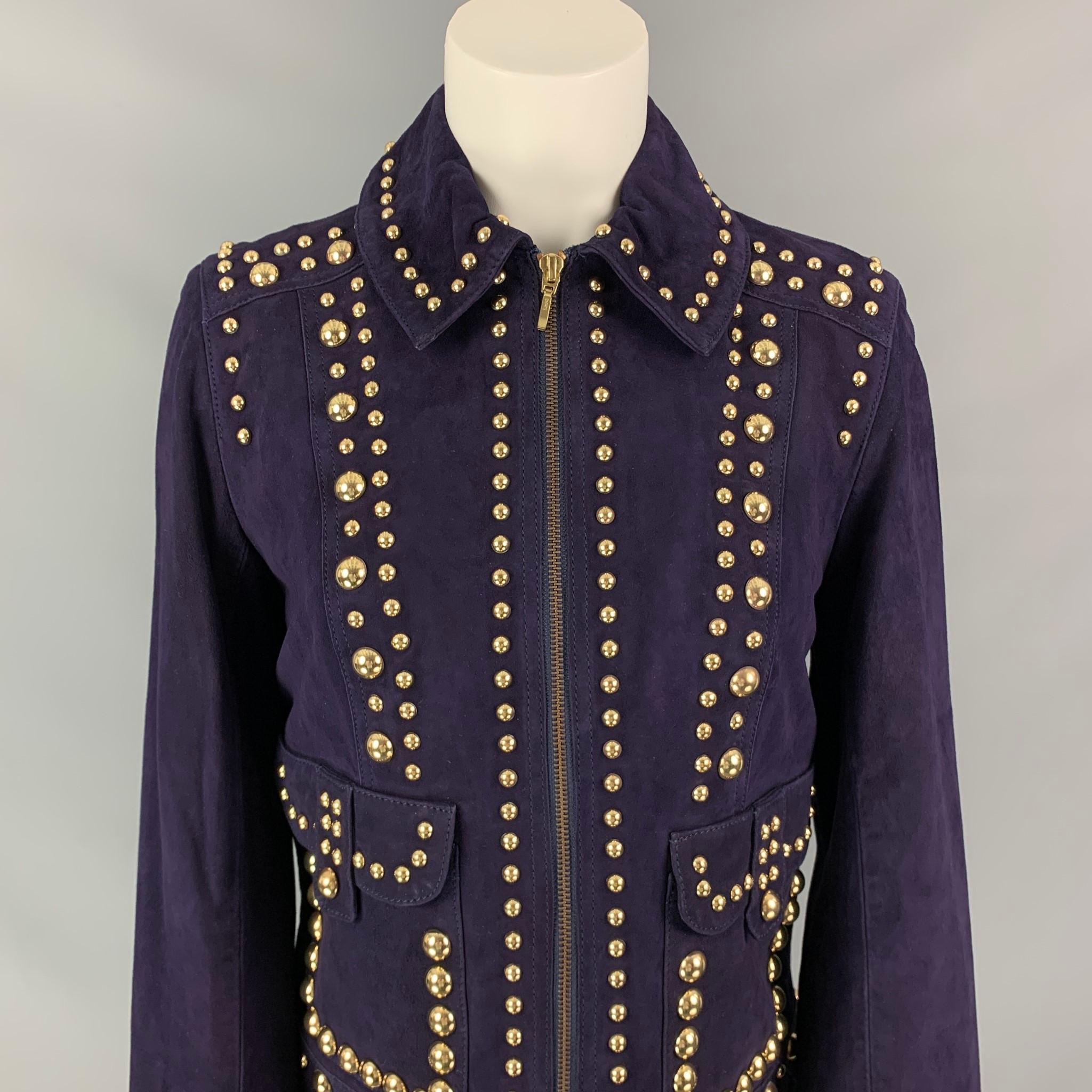 TRINA TURK jacket comes in a purple suede with gold tone studded details featuring a spread collar, front pockets, and a full zip up closure. 

New With Tags. 
Marked: S

Measurements:

Shoulder: 16 in.
Bust: 38 in.
Sleeve: 25 in.
Length: 22.5 in. 