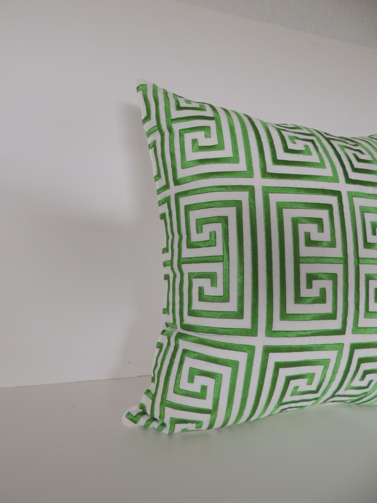 Trina Turk Trellis green and white decorative pillow.
Embroidered silk square pillow with zipper closure and feather/down insert,
Size: 20 x 20 x 6.