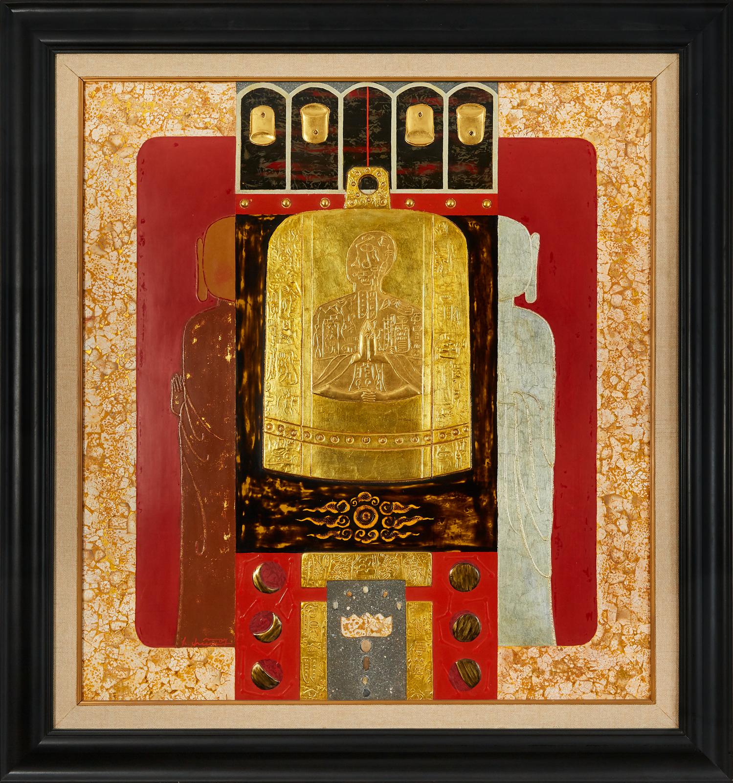 „Worship“ von Trinh Quoc Chien Lackkunst auf Holz Rot Schwarz Gold Silber im Angebot 4