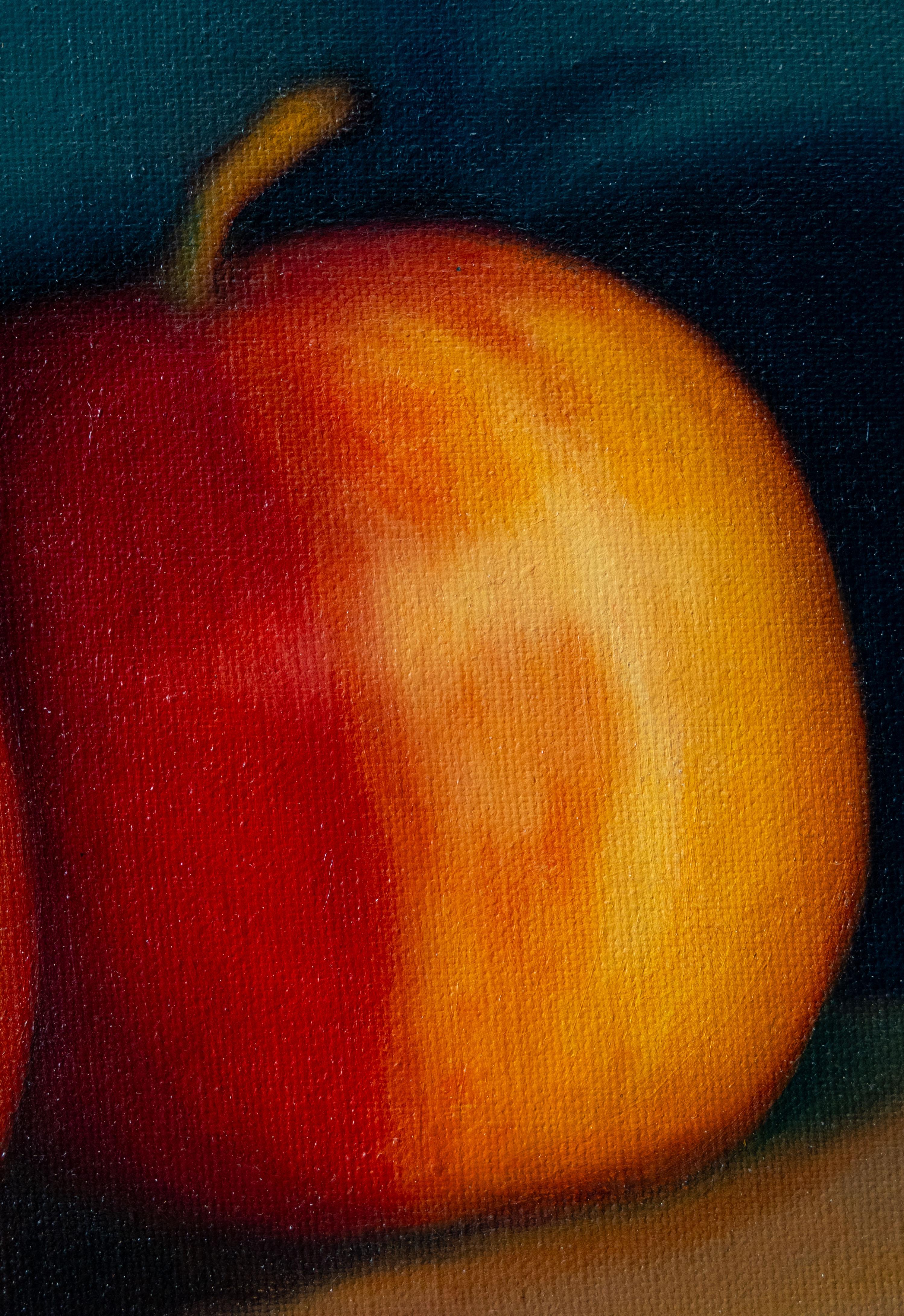 This elegant still life by Trinidad Ball, painted in 2005, depicts three luminous apples arranged in soft diagonal alignment on a light surface, contrasted against a deep teal background. Rendered with fine realism and subtle tonal transitions, the