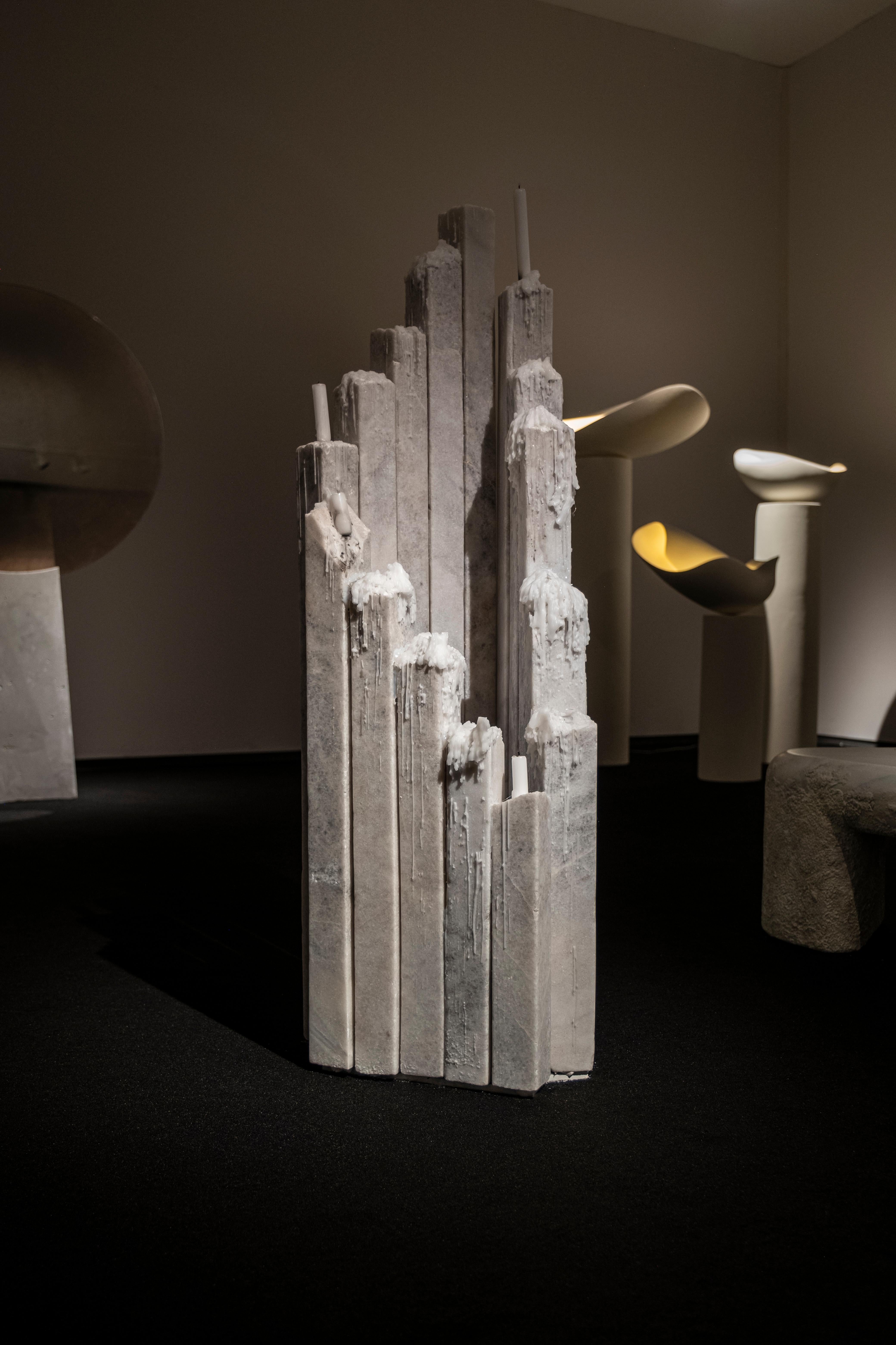 Post-Modern Varying Height Cluster Of Pillars White Marble Candelabra by Andres Monnier For Sale