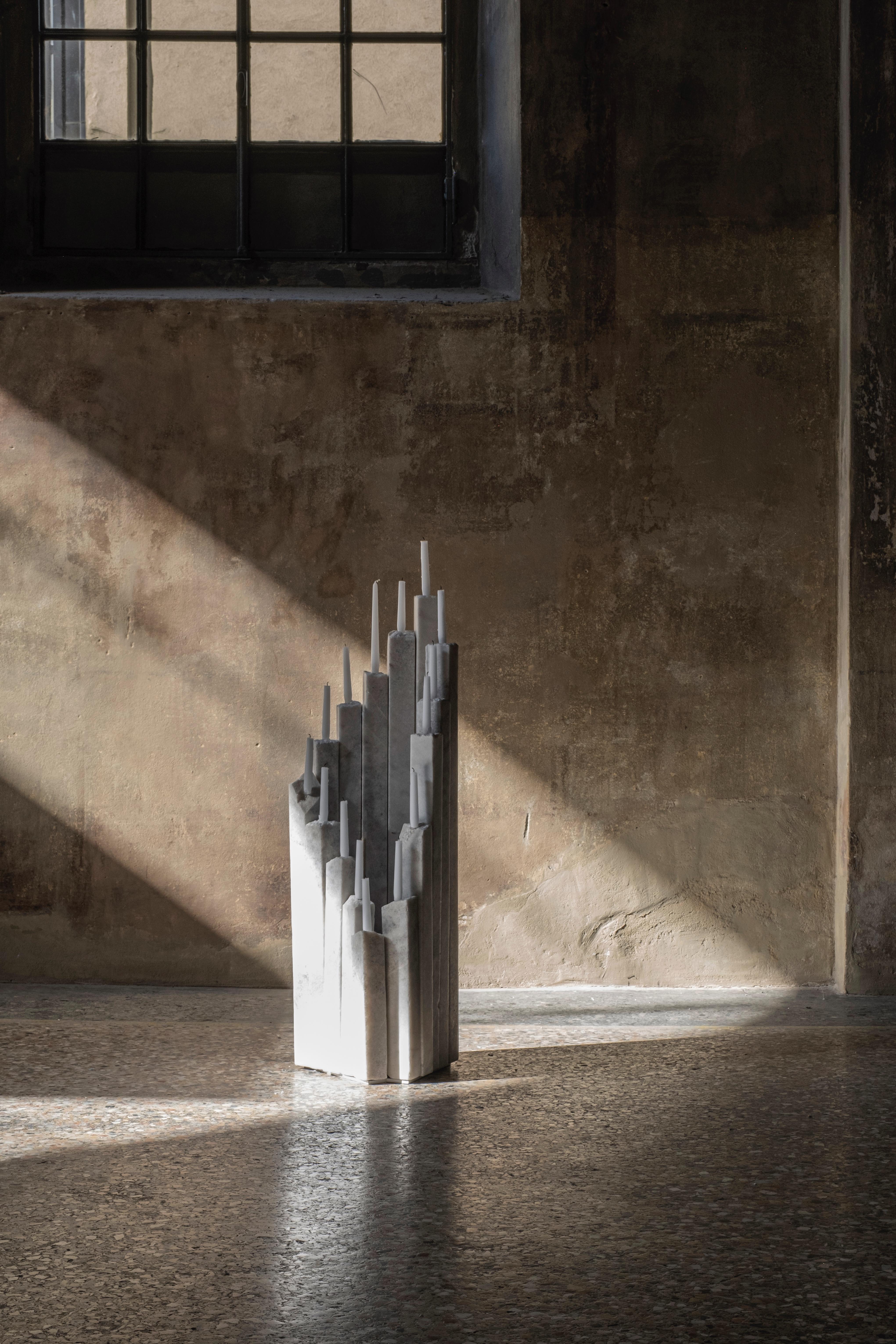 Mexican Varying Height Cluster Of Pillars White Marble Candelabra by Andres Monnier For Sale