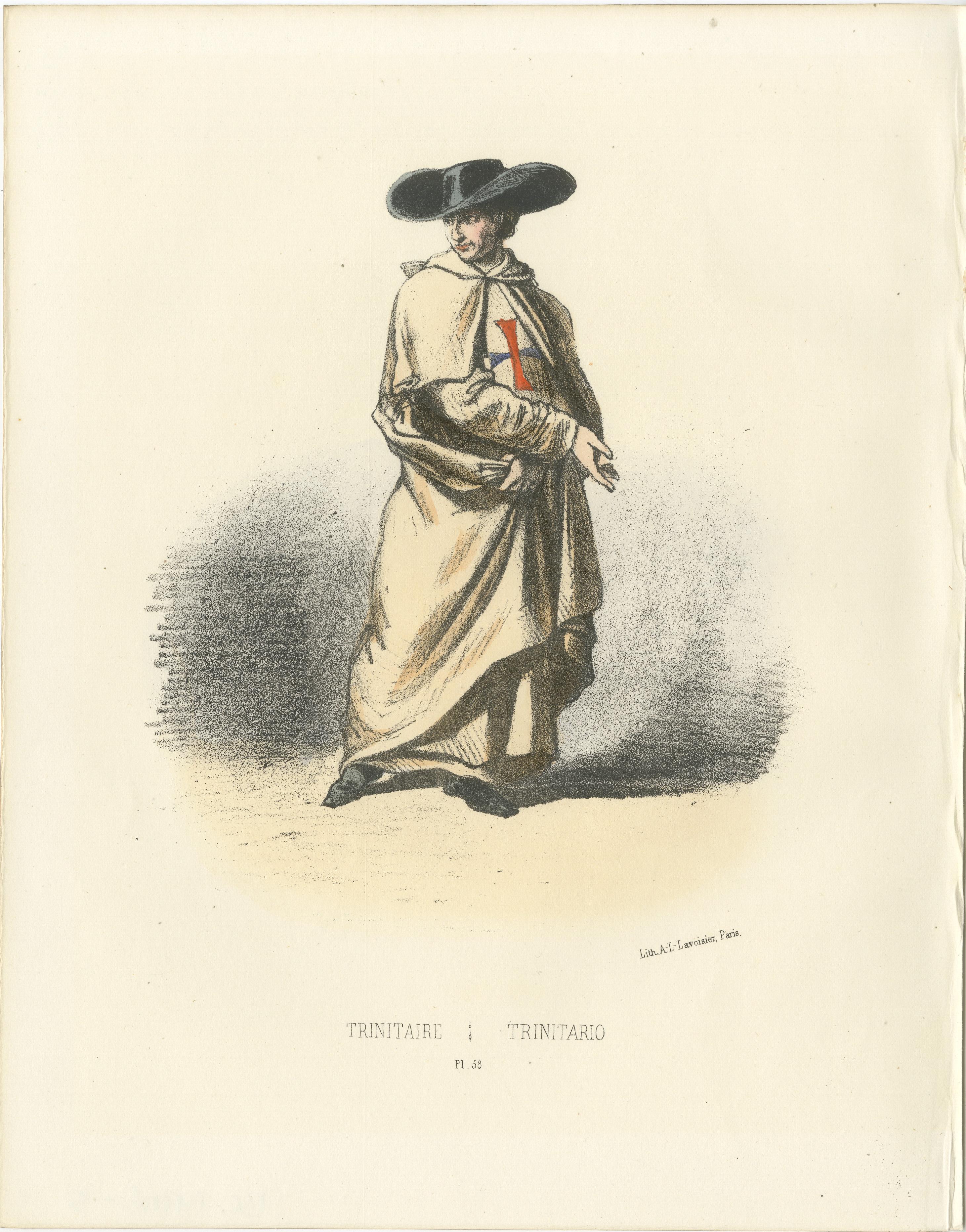 Trinitaire - 1862 Hand-Colored Lithograph of a Trinitarian Monk  

This rare 1862 hand-colored lithograph depicts a Trinitaire, or Trinitarian monk, adorned in the traditional habit of the Order of the Most Holy Trinity. The figure is shown in a