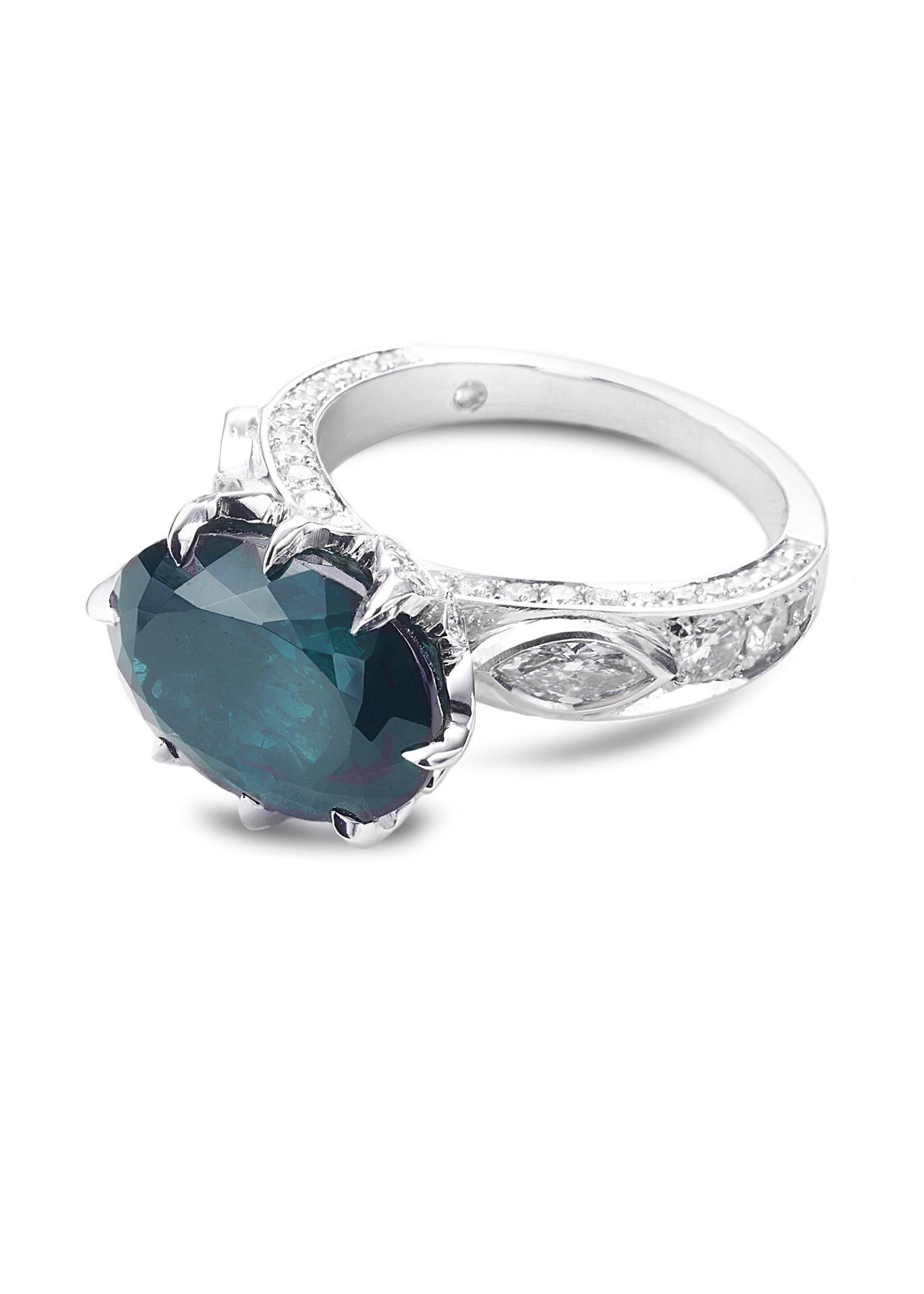One of a kind ring in 18kt white gold with blue tourmaline 7.20cts, and diamonds 1.17cts 
