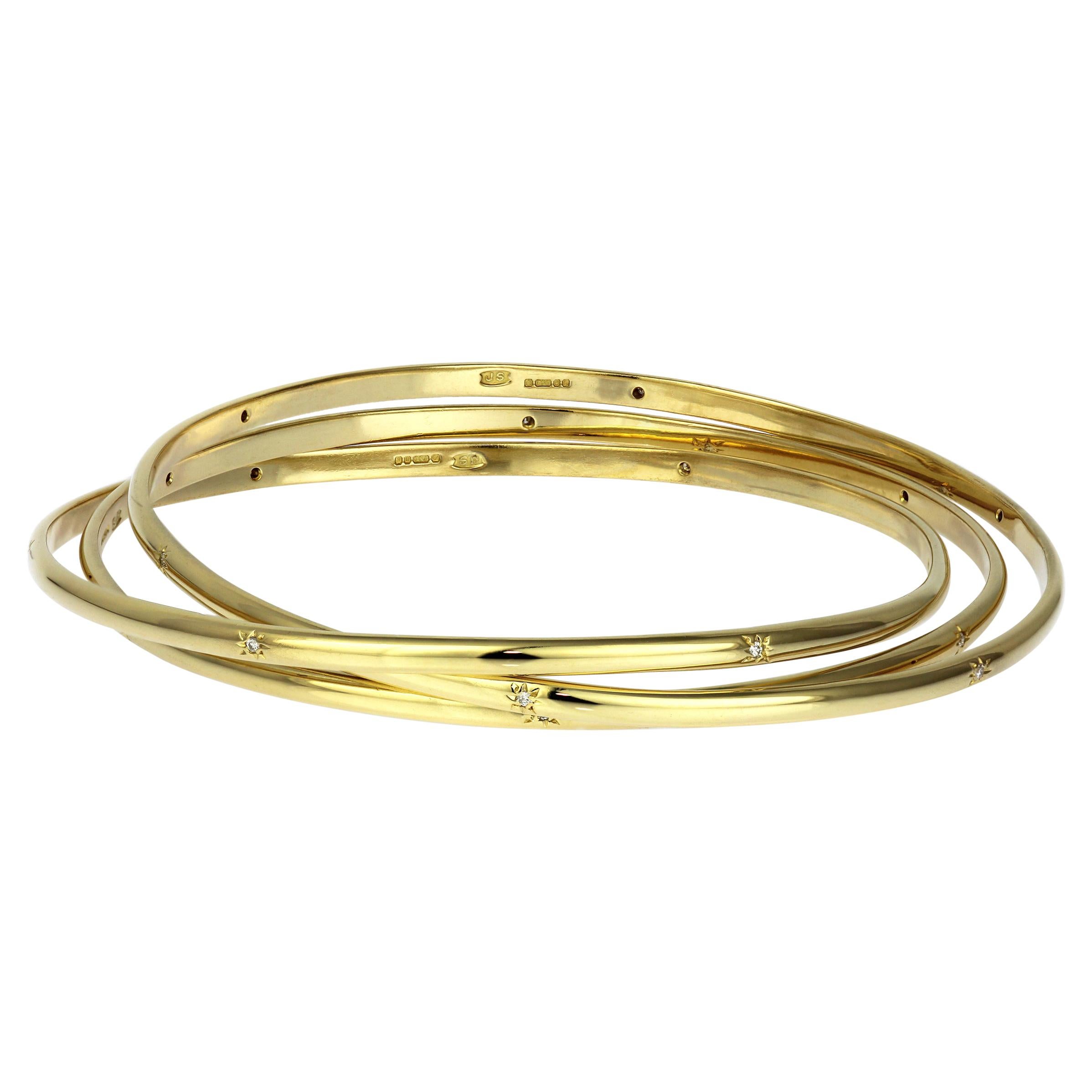 Vintage Trinity Bangle with Diamonds in 18K Yellow Gold - British Hallmarked For Sale