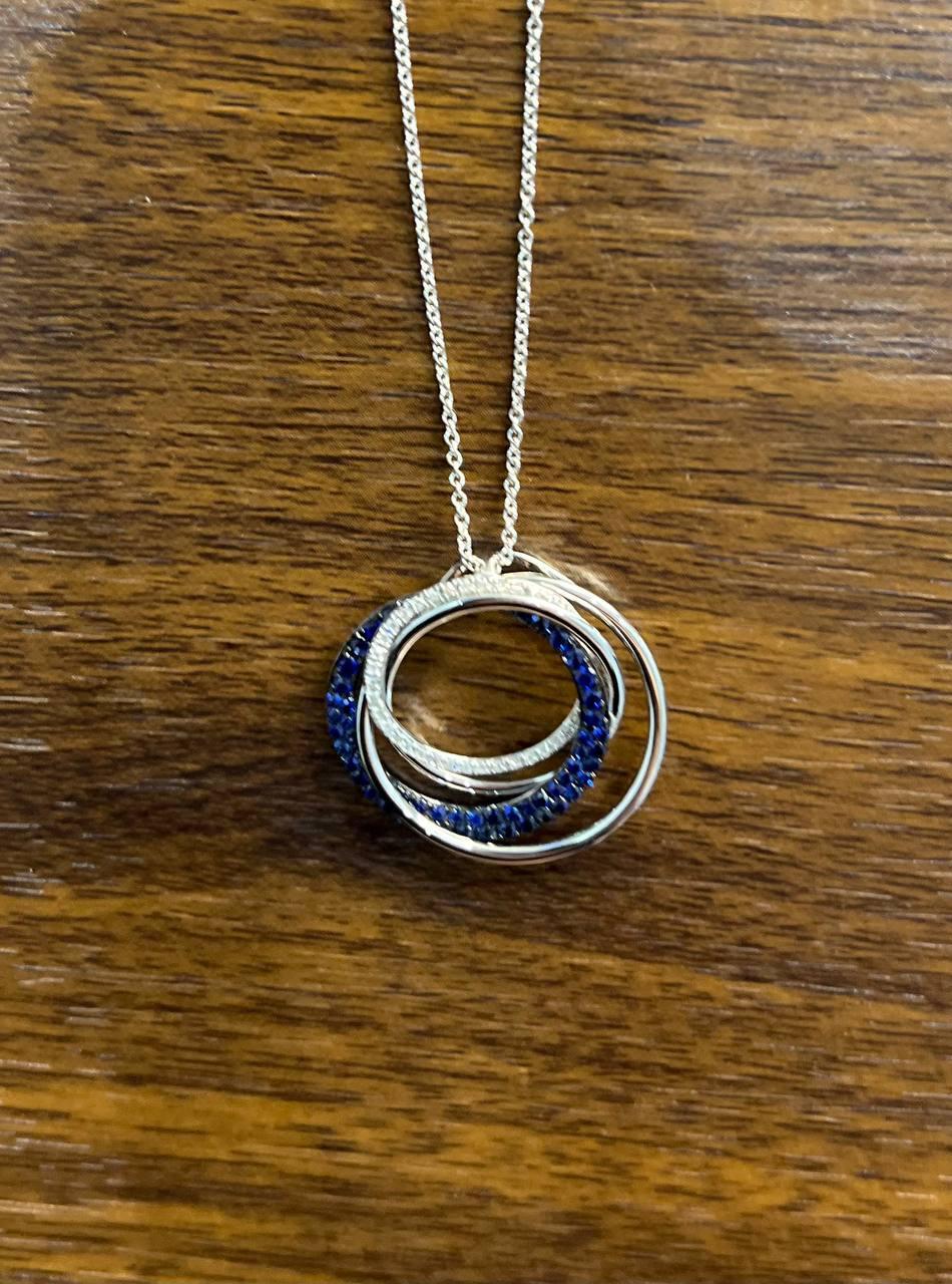 Women's Trinity Blue Sapphires Diamonds Circle Interlocking Rings White Pendant Necklace For Sale