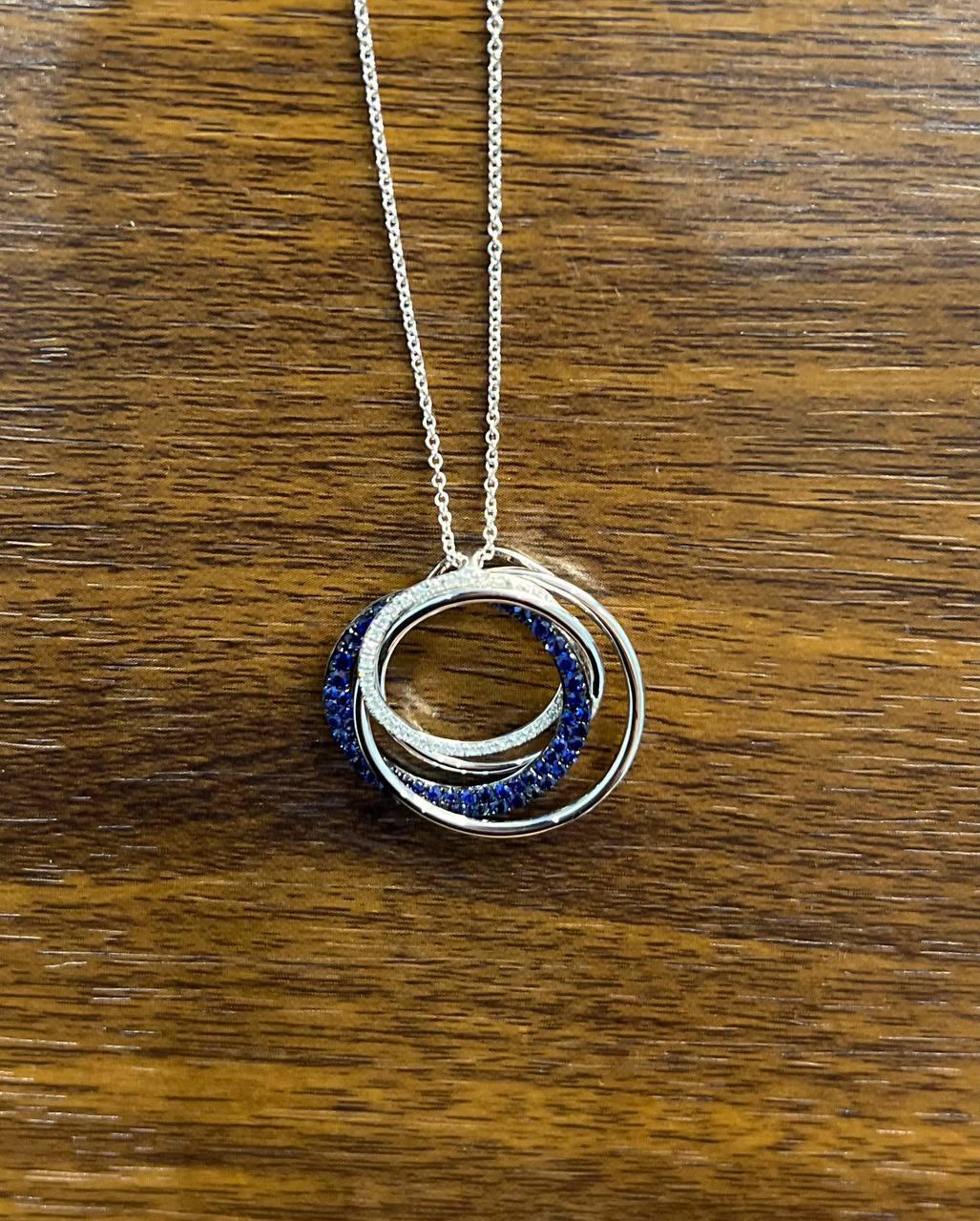 Trinity Blue Sapphires Diamonds Circle Interlocking Rings White Pendant Necklace For Sale 1