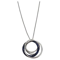 Trinity Blue Sapphires Diamonds Circle Interlocking Rings White Pendant Necklace
