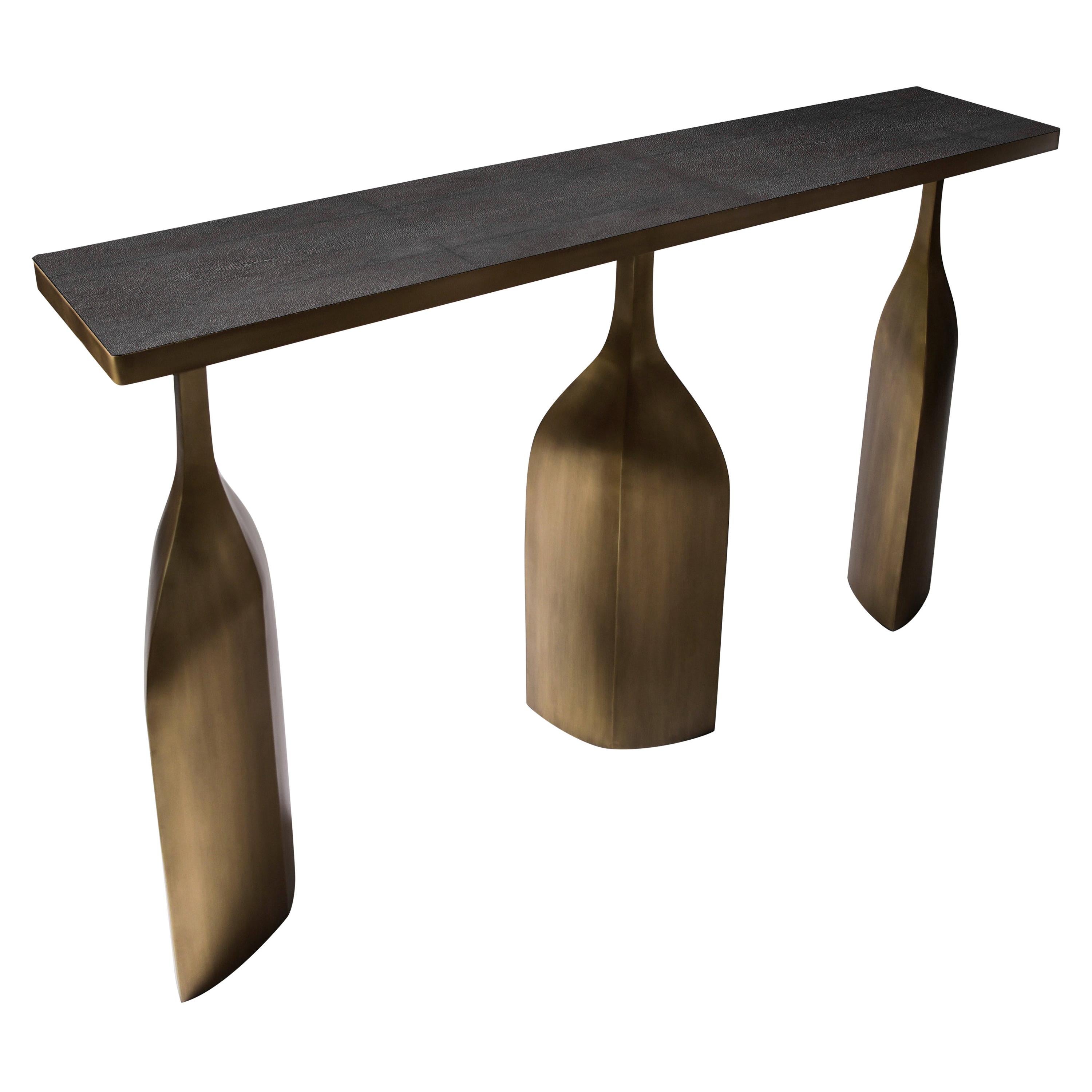 Trinity Console in Coal Black Shagreen and Bronze-Patina Brass by Kifu Paris For Sale
