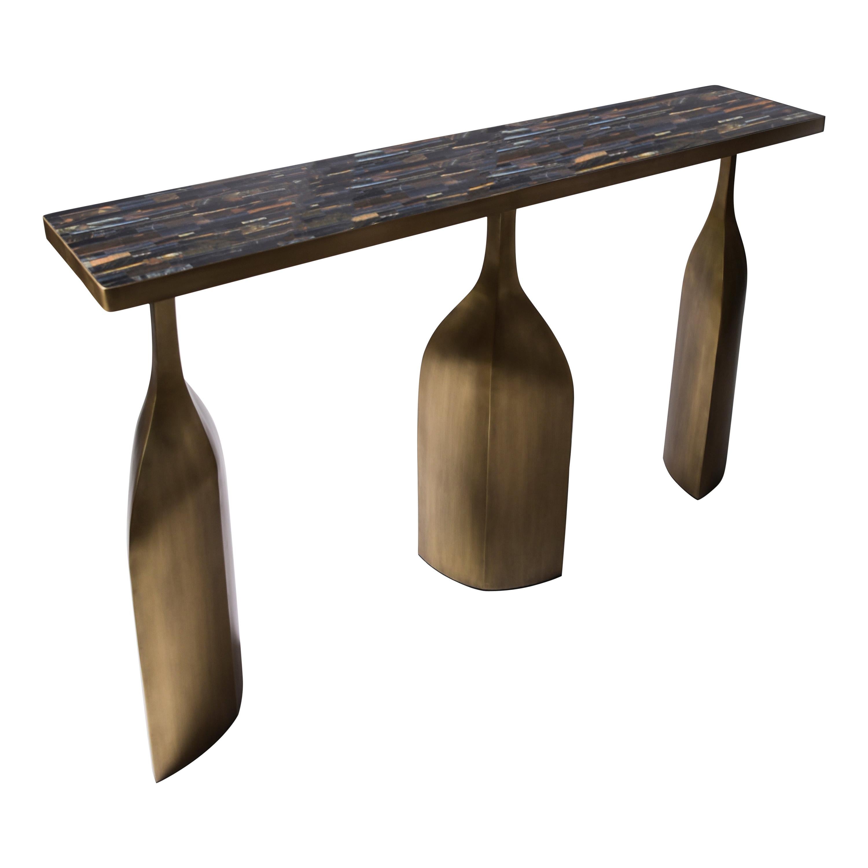 Trinity Console in Tiger Eye Blue and Bronze-Patina Brass by Kifu, Paris
