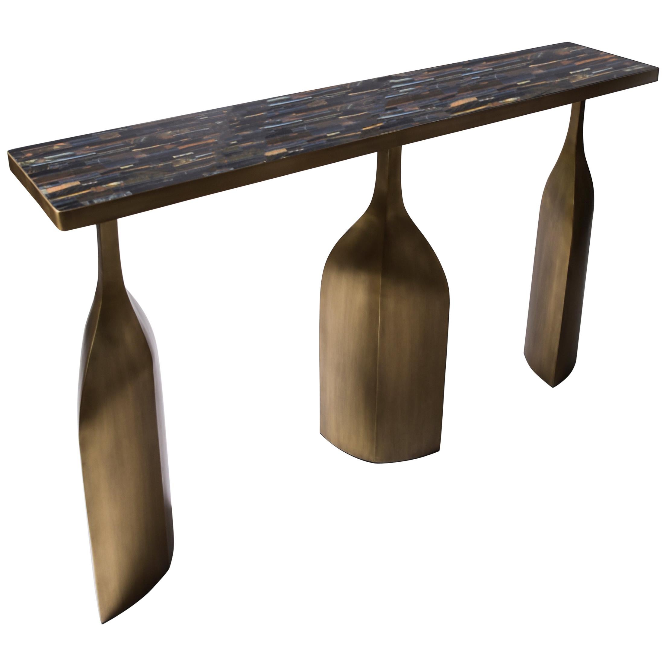 Trinity Console in Tiger Eye Blue and Bronze-Patina Brass by Kifu Paris For Sale