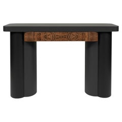 Trinity Console Table with Drawer in Black Linoleum and Walnut Burl Veneer, 2023