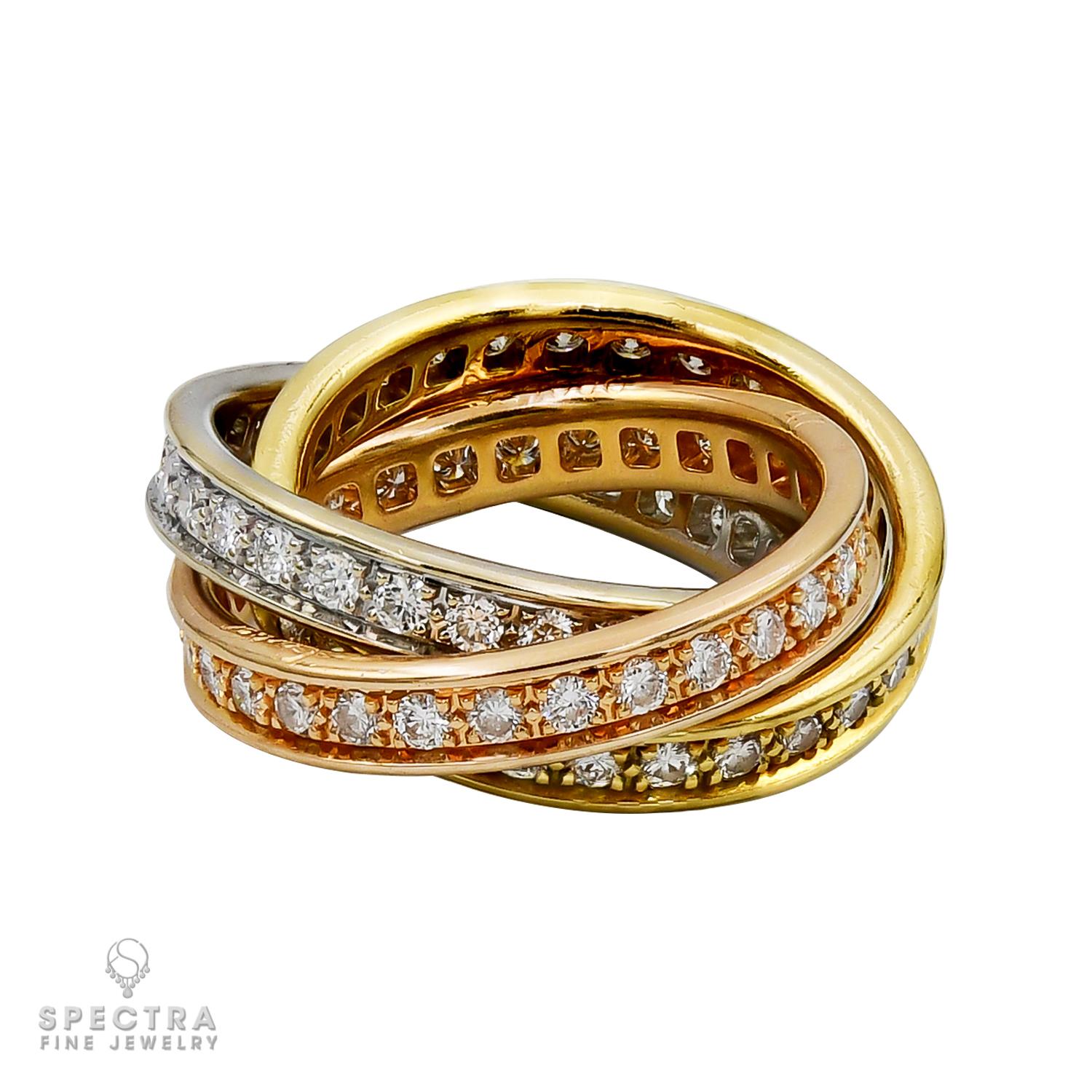 This exquisite Cartier Diamond Trinity Ring embodies elegance and timeless style. Crafted from a harmonious blend of 18k white, rose, and yellow gold, the ring’s three interlocking bands symbolize love, friendship, and fidelity. 
Each band is