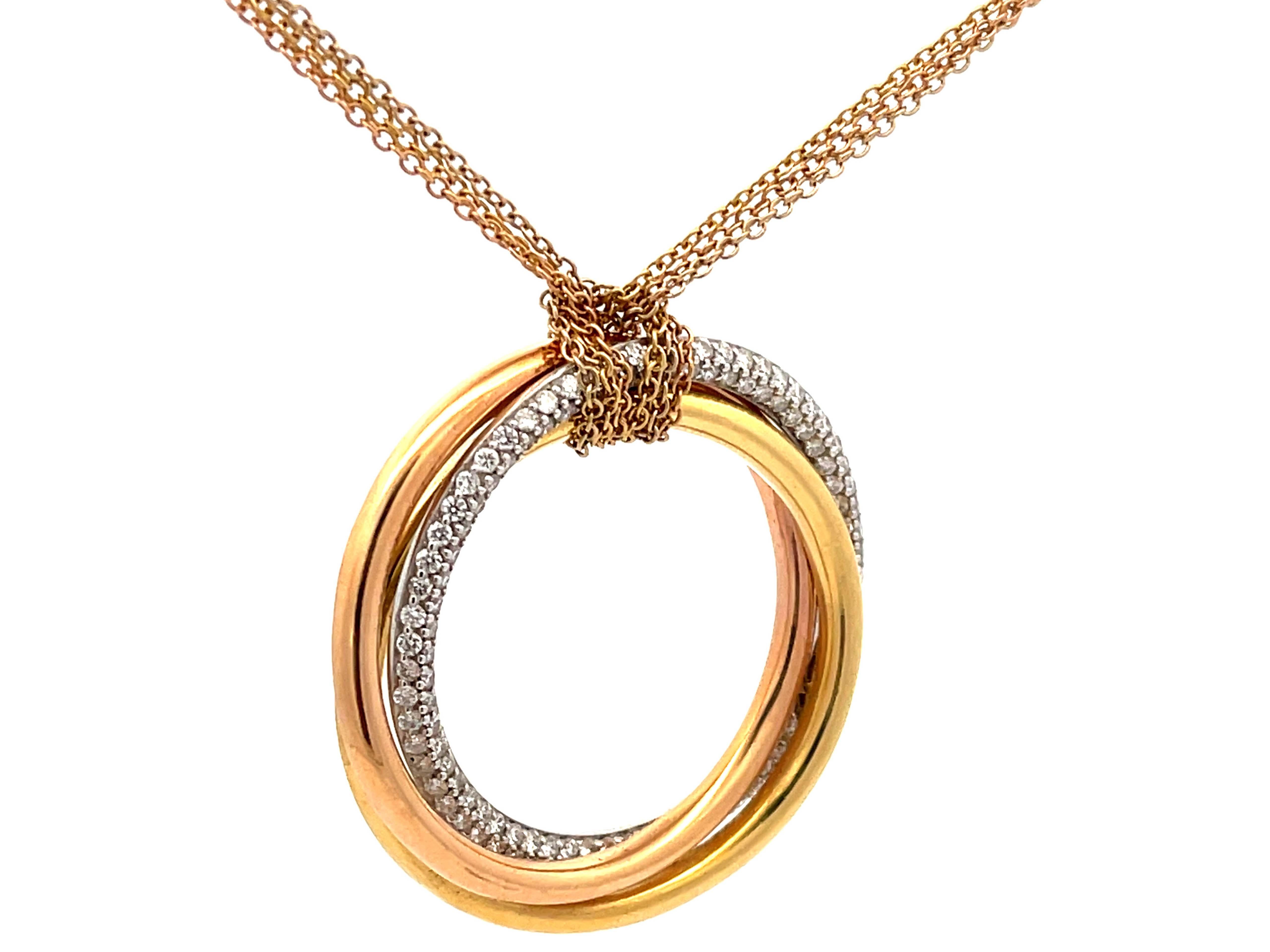 Modern Trinity Diamond Necklace in 18k White Yellow & Rose Gold on Triple Strand Chain For Sale