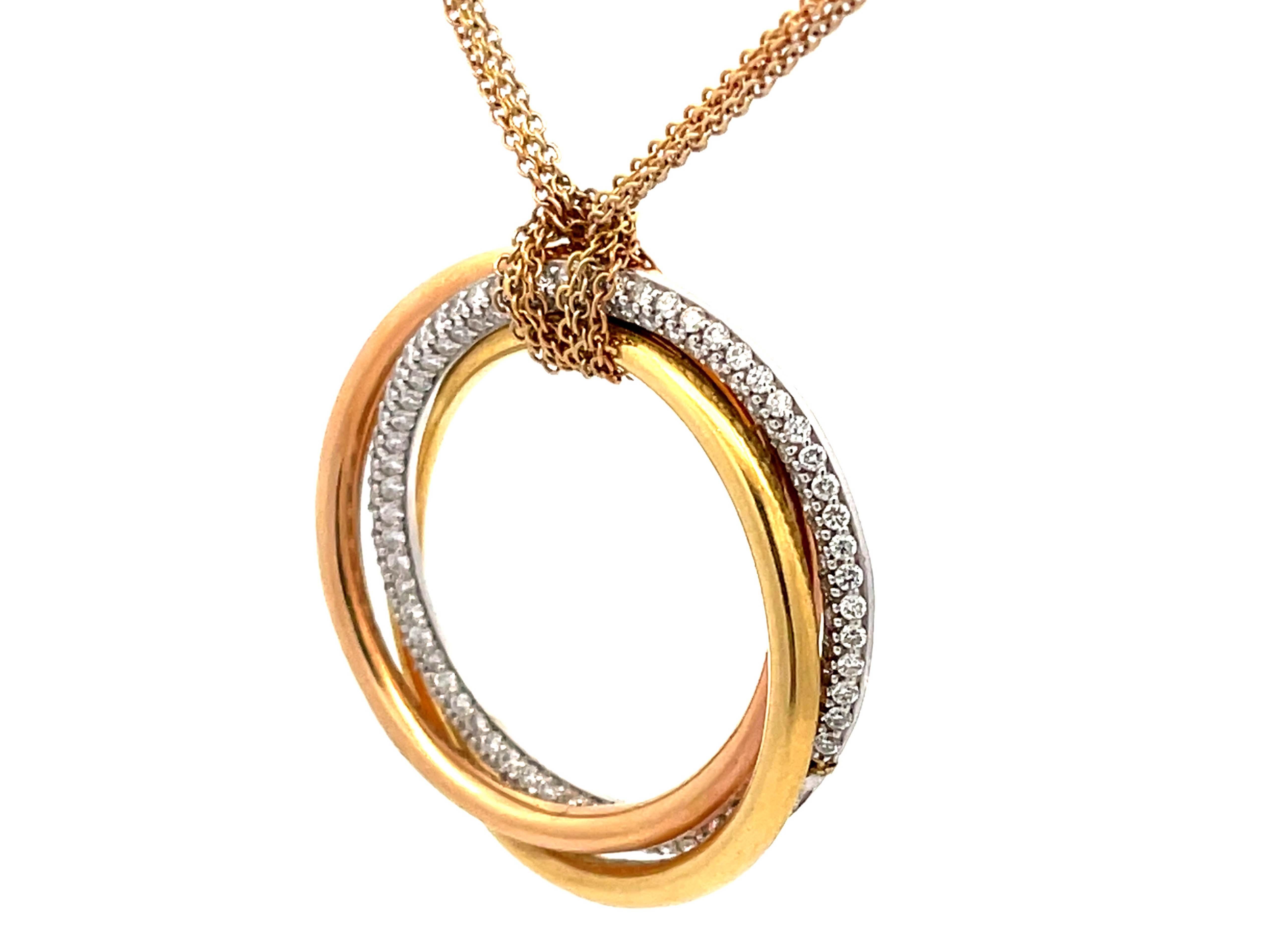 Modern Trinity Diamond Necklace in 18k White Yellow & Rose Gold on Triple Strand Chain For Sale