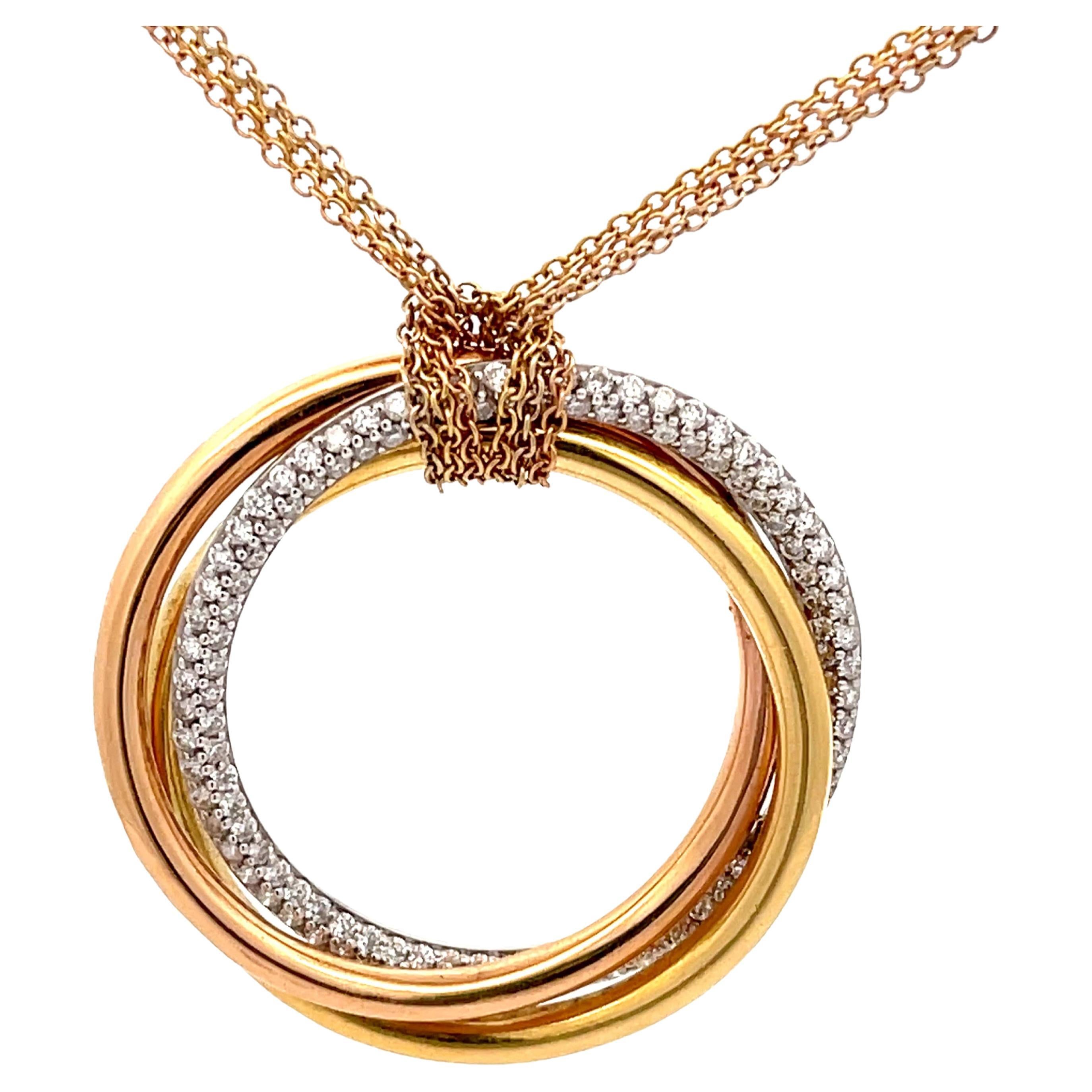 Trinity Diamond Necklace in 18k White Yellow & Rose Gold on Triple Strand Chain For Sale