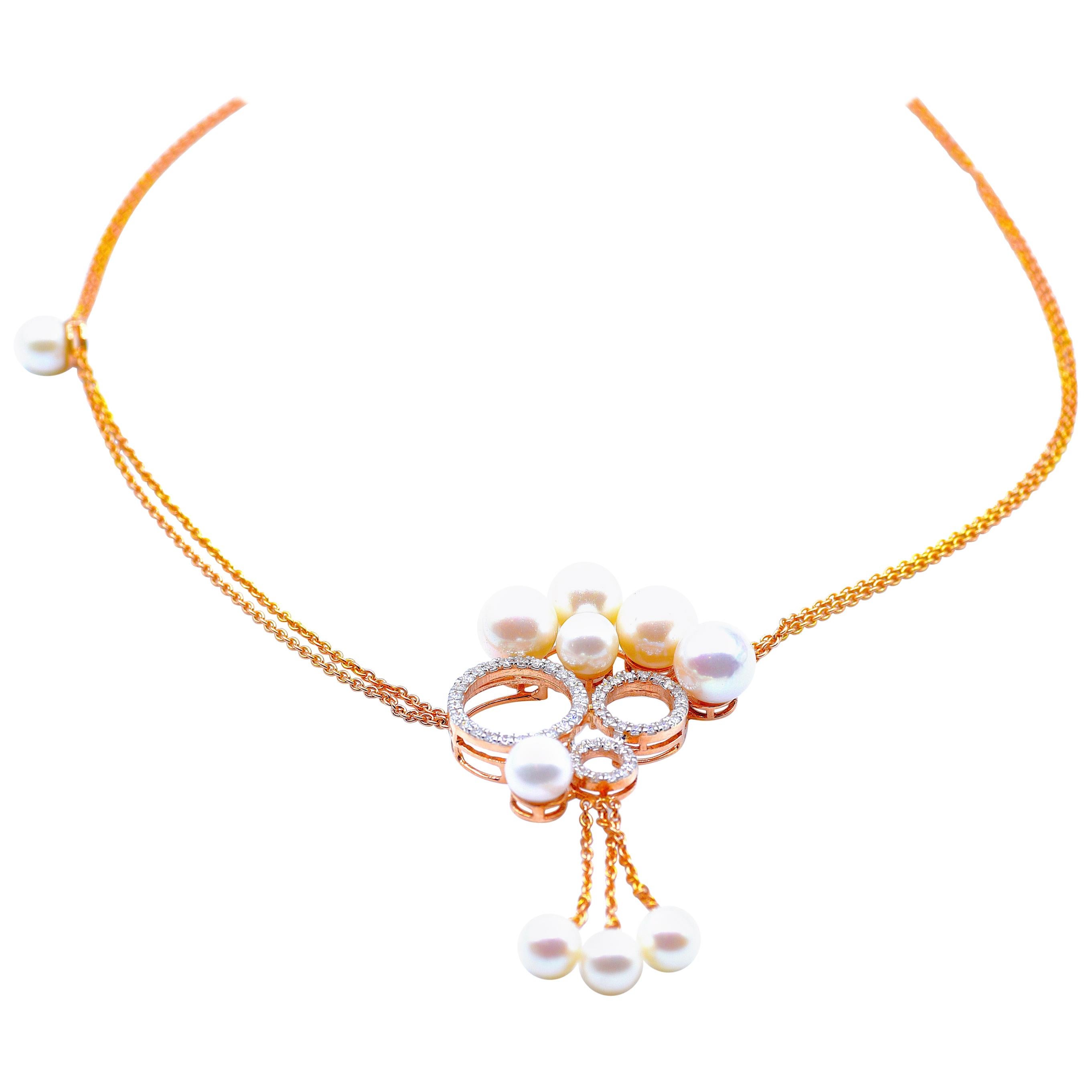 Trinity Diamond Pearl Necklace in 18 Karat Rose Gold For Sale