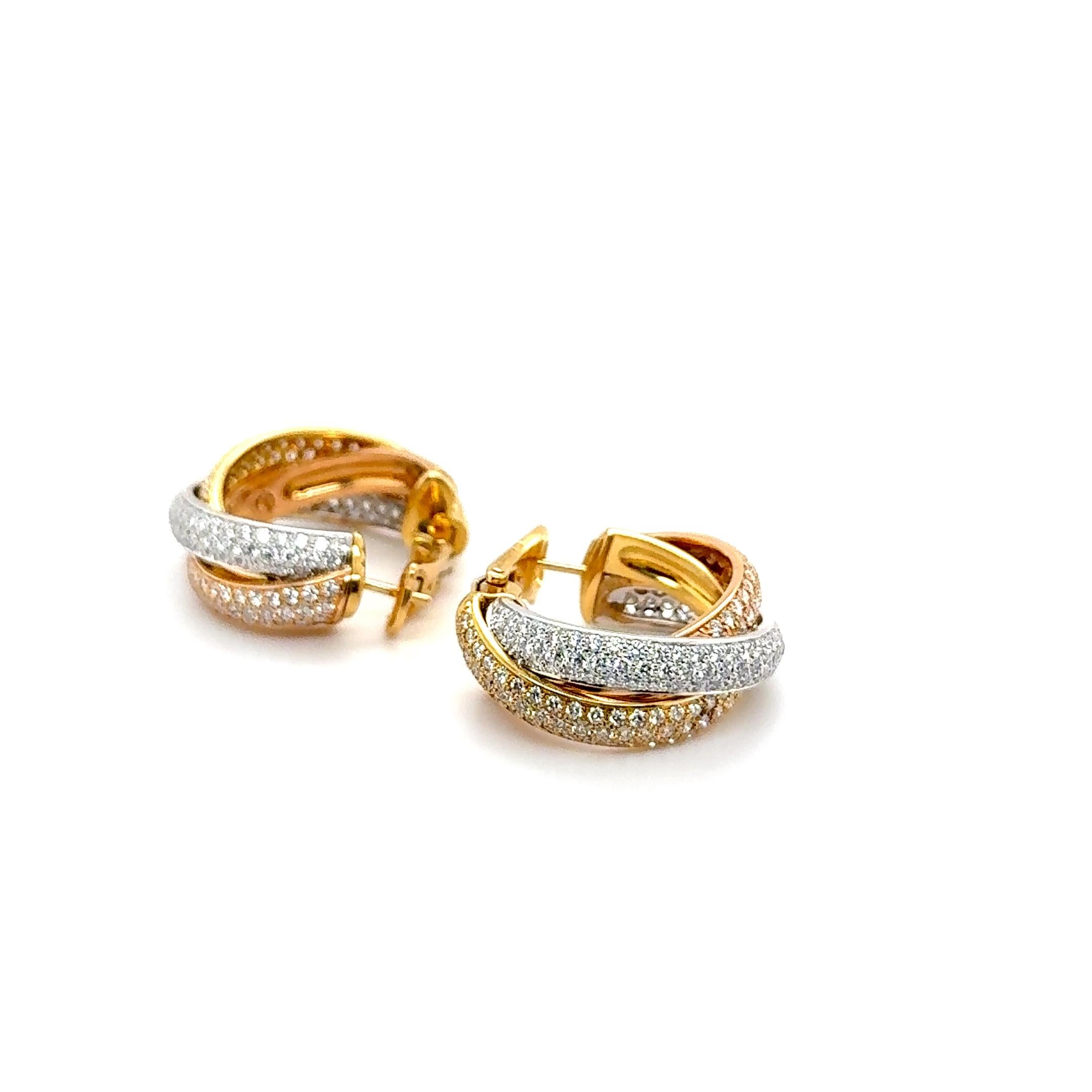 Brilliant Cut Trinity Earrings with Diamonds in White, Yellow & Rose Gold by Cartier For Sale
