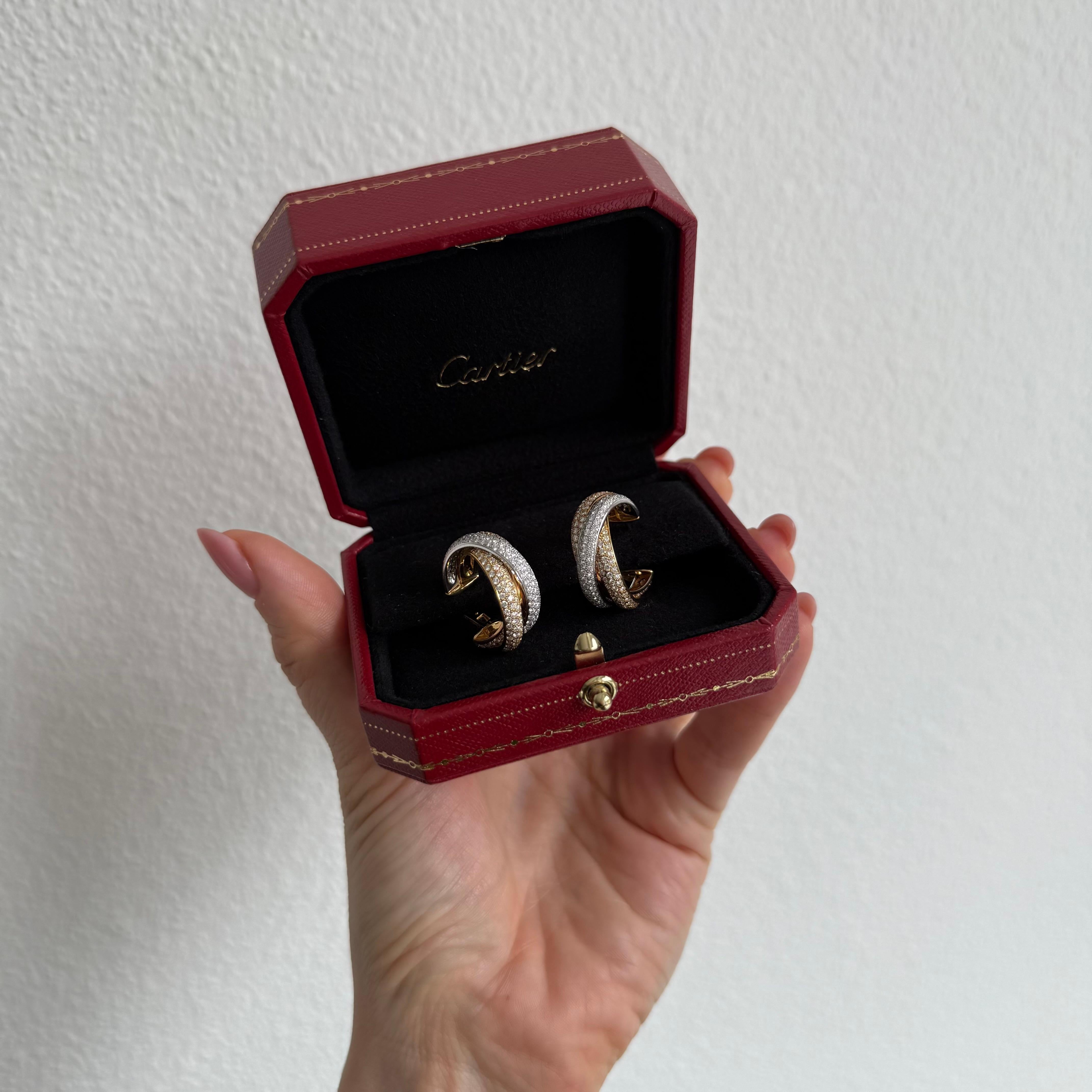 Women's or Men's Trinity Earrings with Diamonds in White, Yellow & Rose Gold by Cartier For Sale