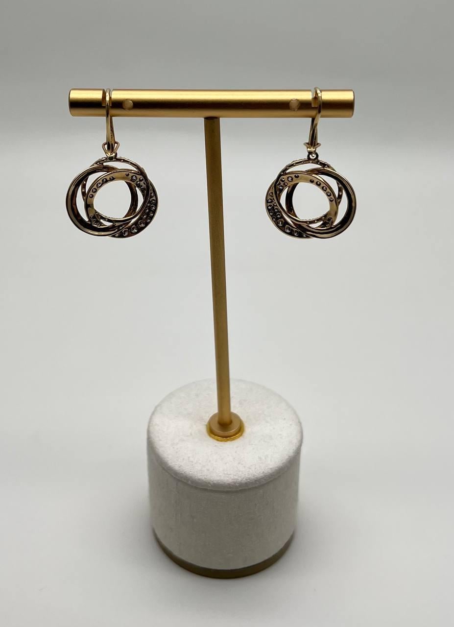 Boucles d'oreilles Trinity Gold Interlocking Circles Cognac Brown Diamonds 14K Gold Dangle Ears en vente 10