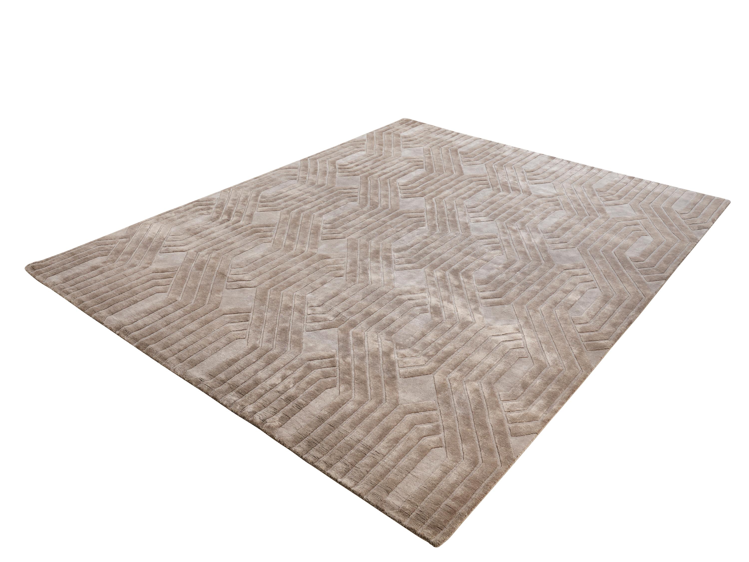 Hand-Knotted TRINITY Hand Knotted Modern Geometric Silk Rug in Beige Colour By Hands For Sale