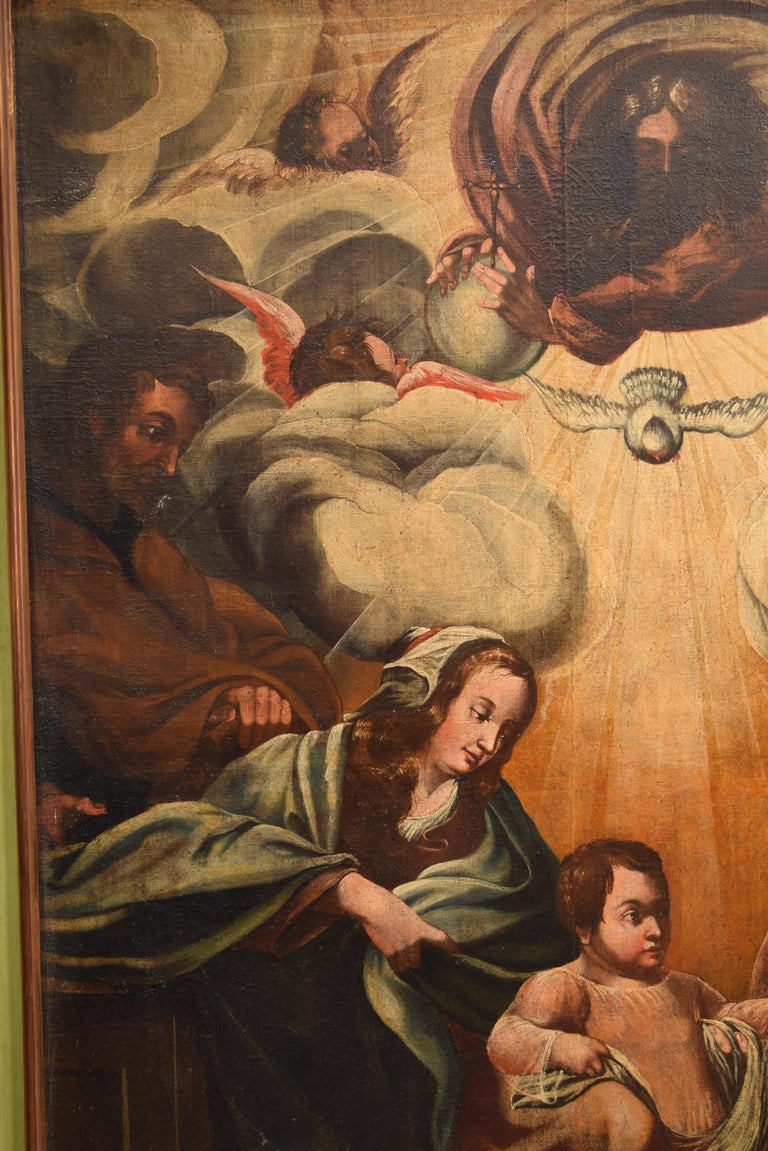 Spanish Trinity, Holy Family and Saints, Oil on Canvas, Spain, 17th Century For Sale