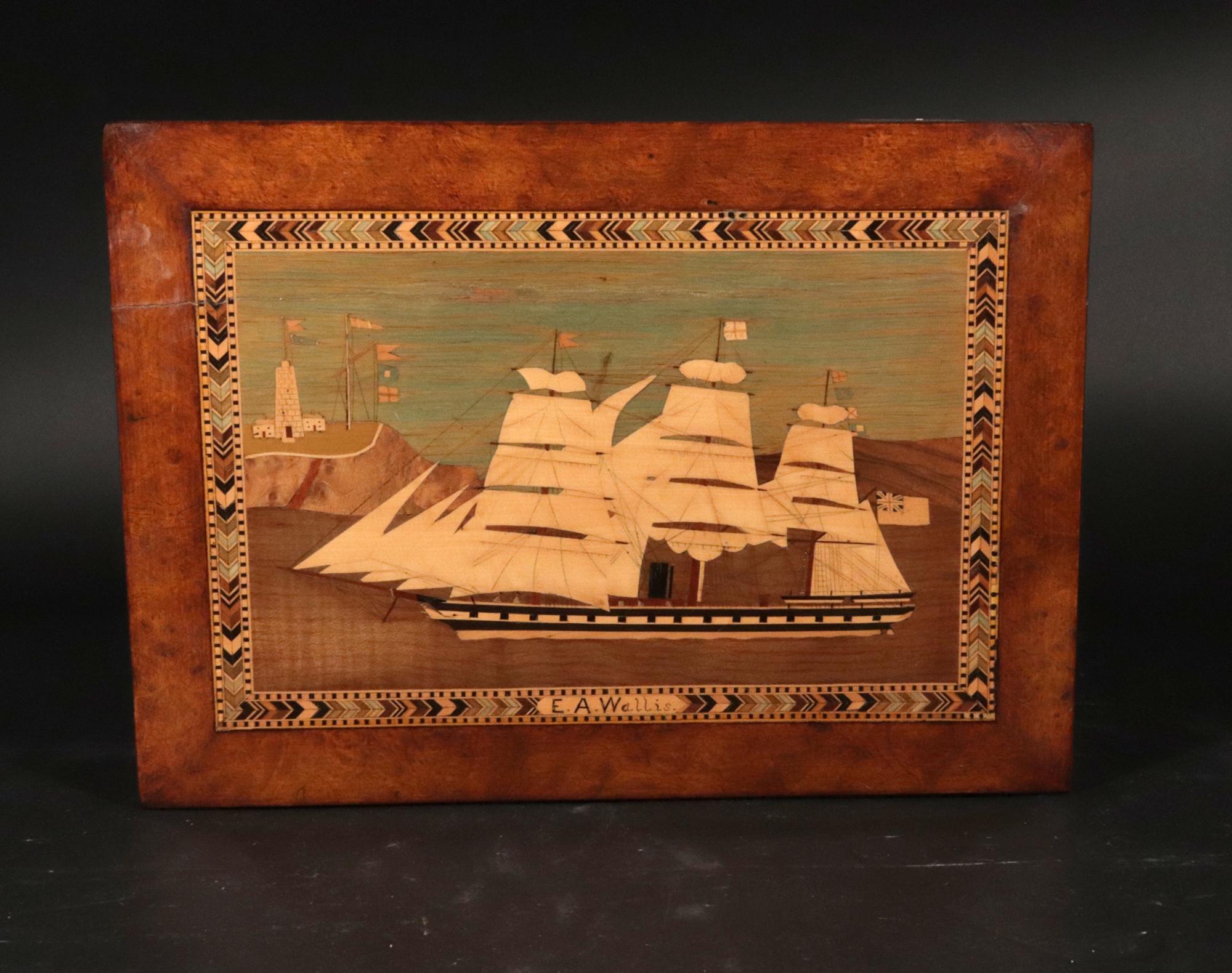 Costurero o Caja de Trabajo con incrustaciones de madera de Burlwood decorada con motivos navales de Trinity House 11