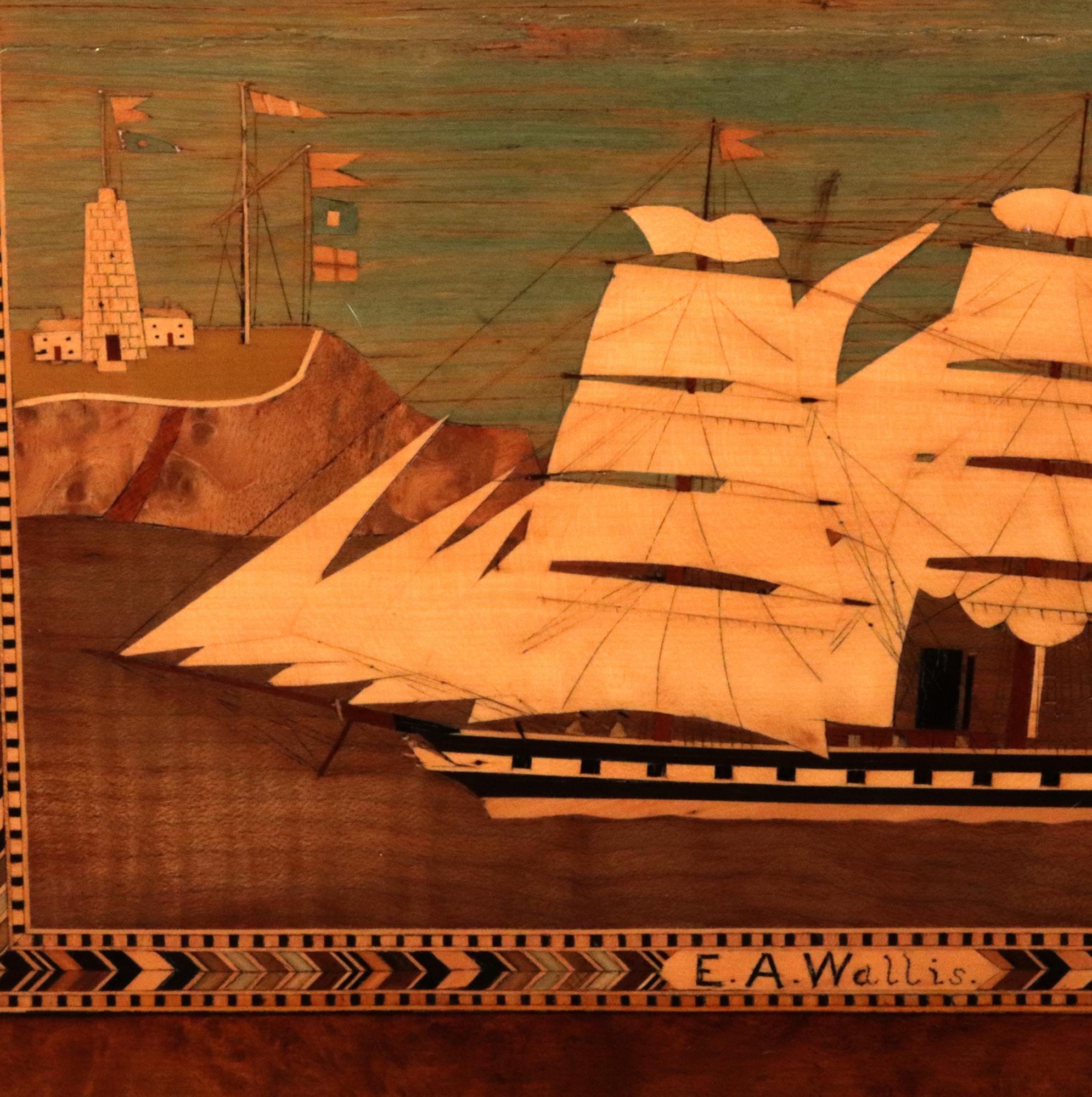 Costurero o Caja de Trabajo con incrustaciones de madera de Burlwood decorada con motivos navales de Trinity House 12