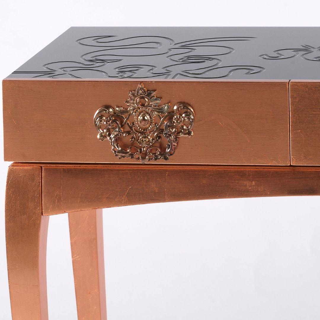 Modern Trinity Nightstand in Mahogany Wood and Silver or Copper Leaf For Sale
