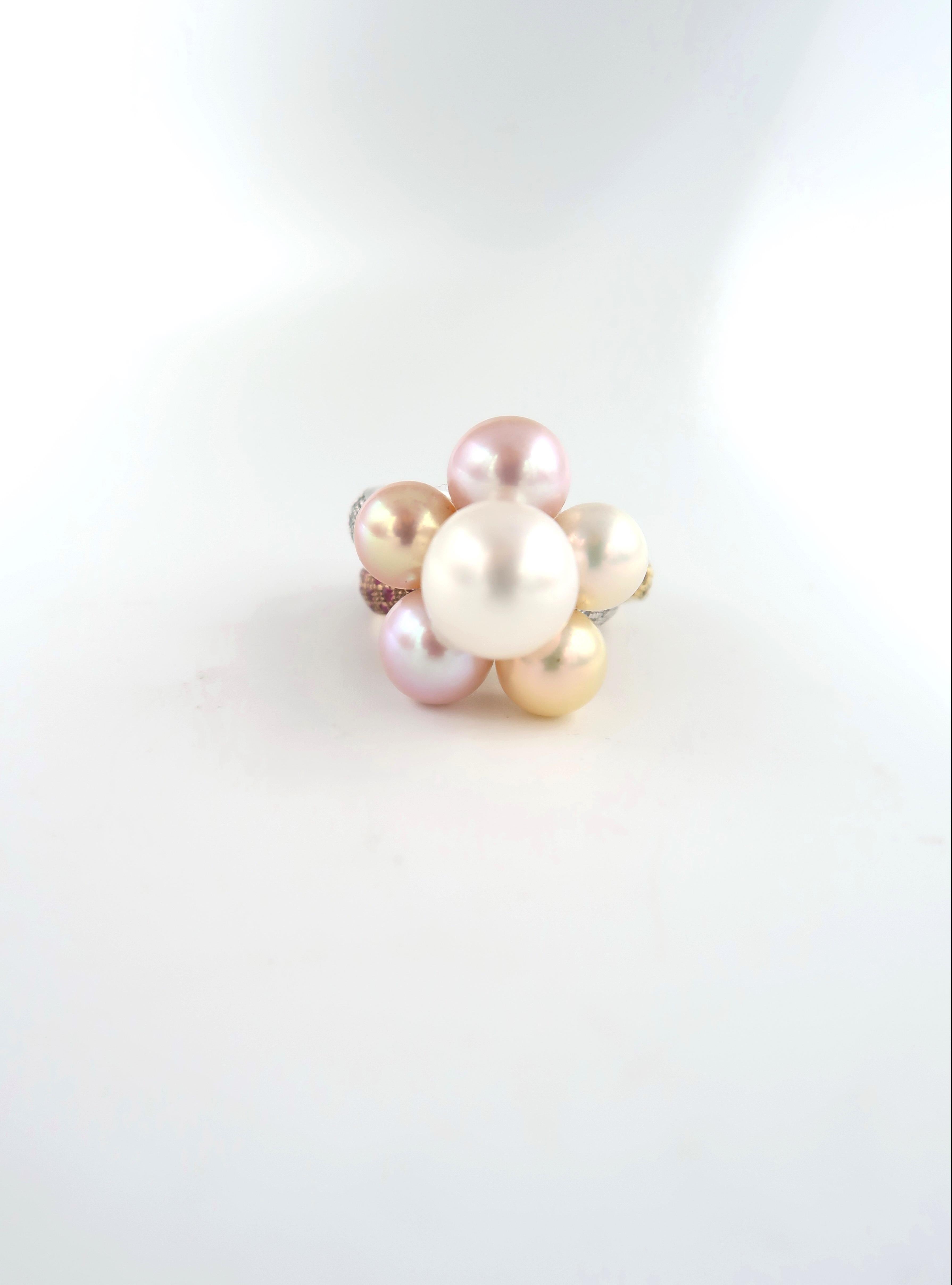 Ring Size: 55, UK N 1/2, US 7 1/4

Diamond: 0.88 ct
Pink Sapphire: 0.88 ct
Yellow Sapphire: 0.94 ct
Pearls: 6 pieces, Cultured, White with shades of pinkish and golden overtones
Gold: 18K White, Rose & Yellow Gold, 19.912 g