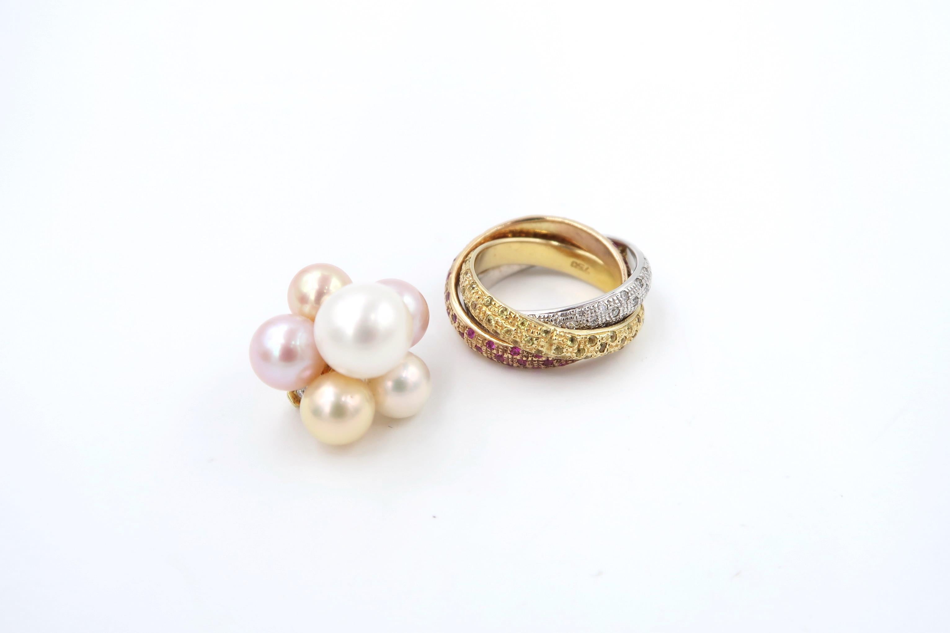 Trinity Pavé Diamond Pink Yellow Sapphire 18K Gold Ring w/ Detachable Pearl Head In New Condition For Sale In Bangkok, TH