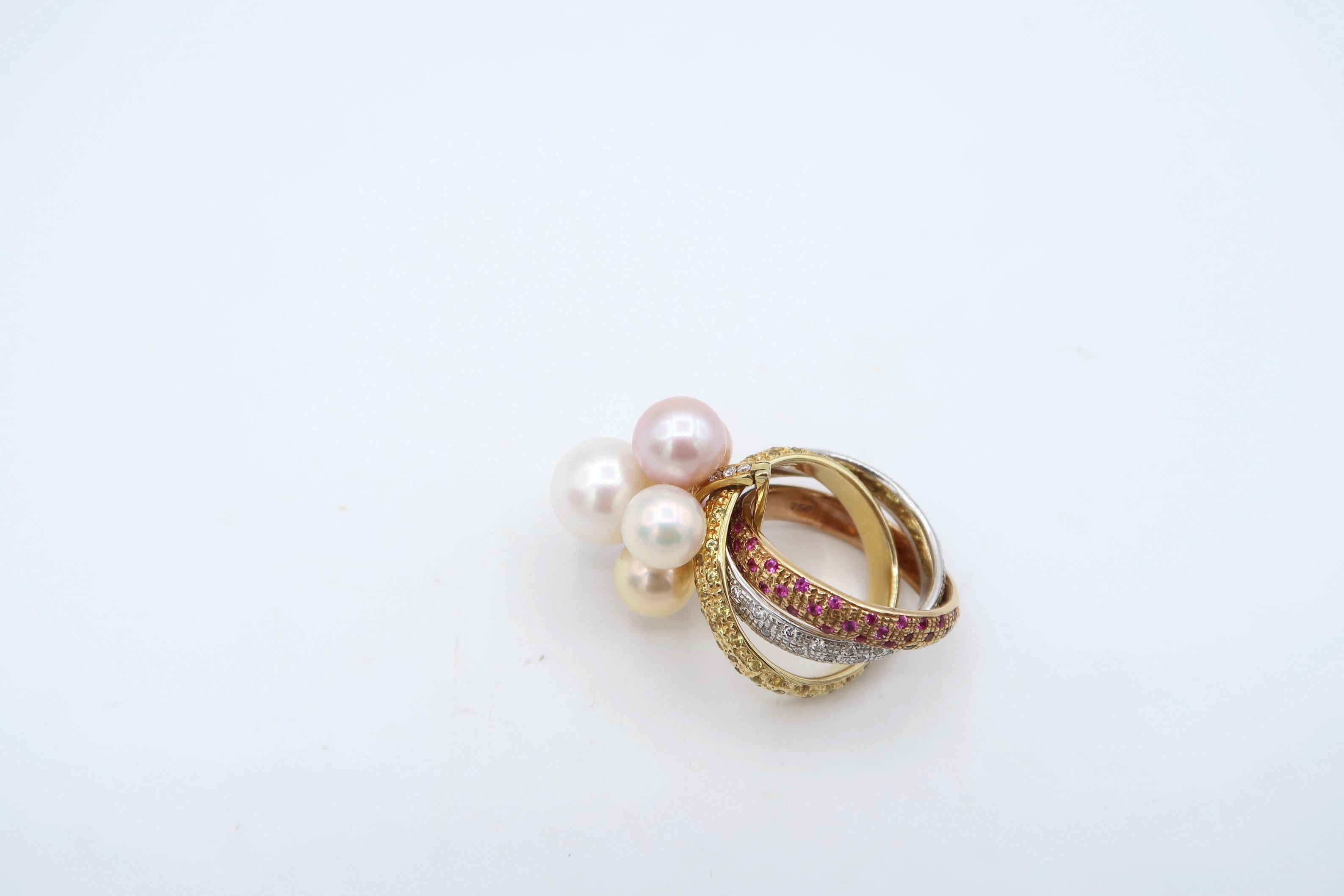 Women's or Men's Trinity Pavé Diamond Pink Yellow Sapphire 18K Gold Ring w/ Detachable Pearl Head For Sale
