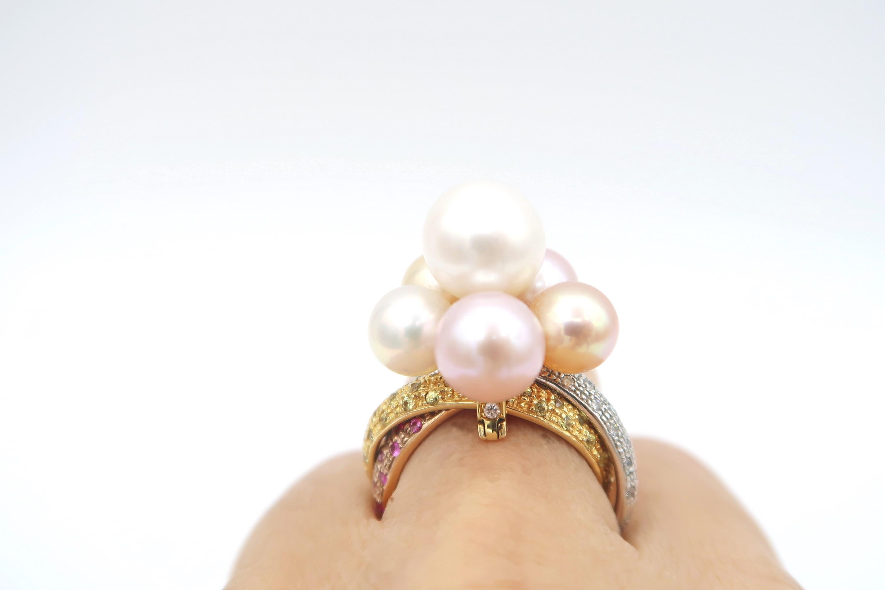 Trinity Pavé Diamond Pink Yellow Sapphire 18K Gold Ring w/ Detachable Pearl Head For Sale 1