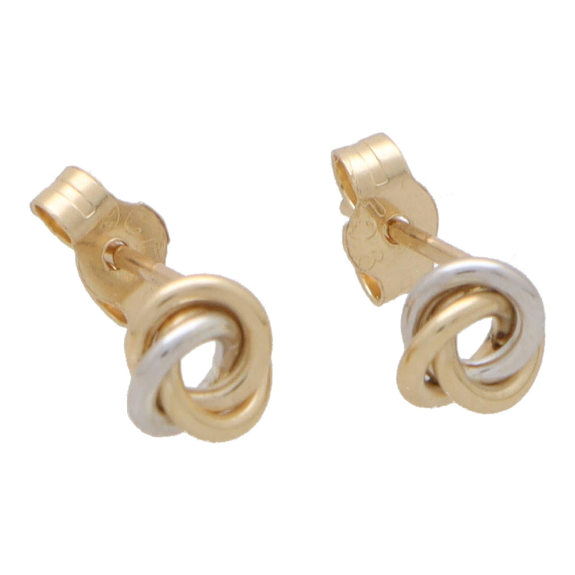 Modern Trinity Stud Earrings Set in 9k Yellow, Rose and White Gold For Sale