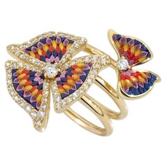 Anello Trinity Sunset Butterfly in oro giallo 18 carati con micromosaico e diamanti