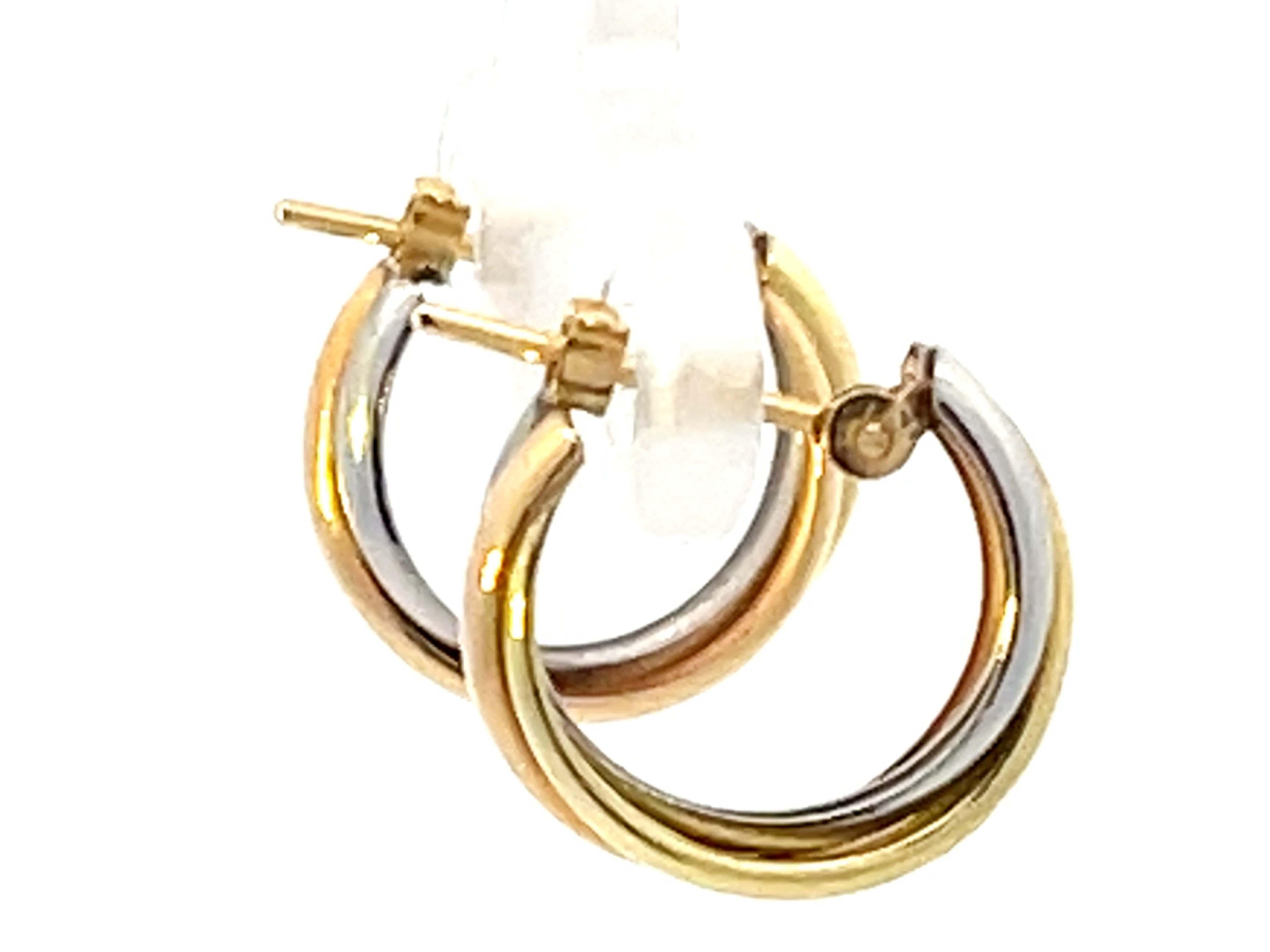 Trinity Three Toned Small Hoop Earrings 18k Gold and Platinum In Excellent Condition In Honolulu, HI