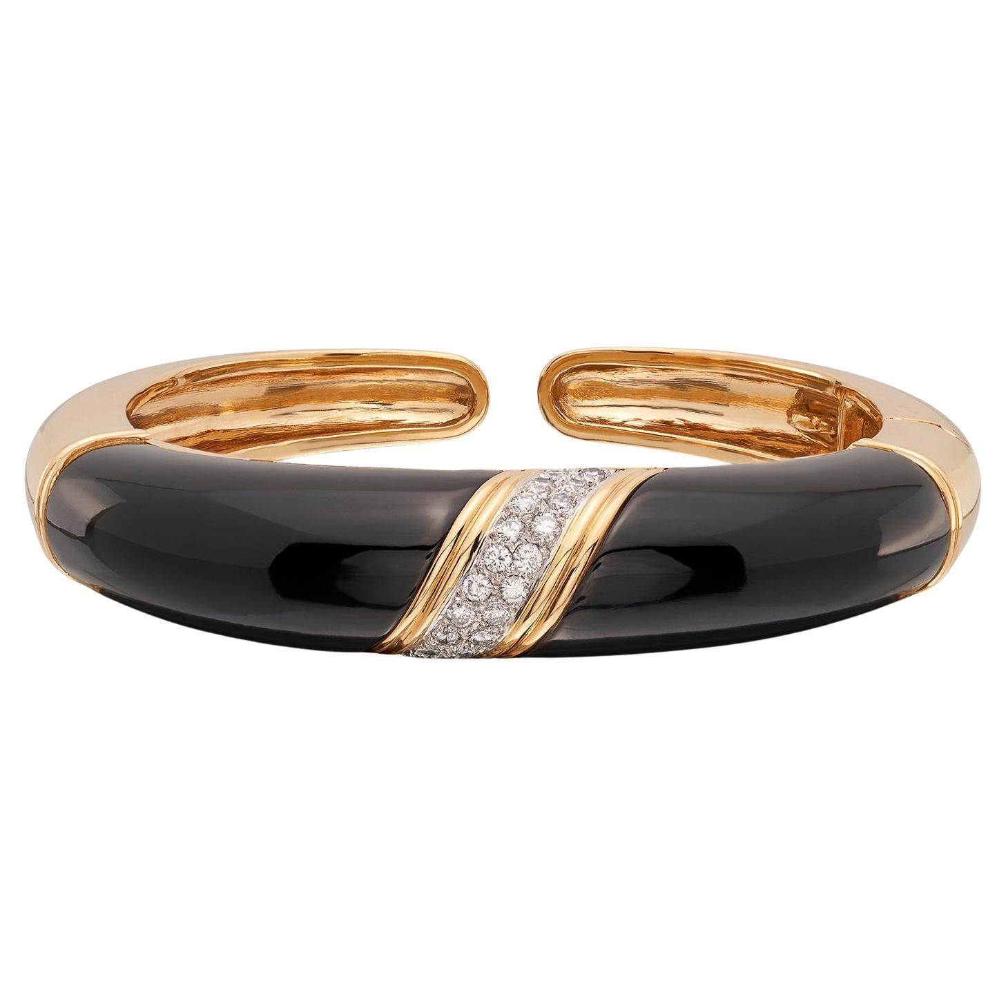 Trio 18k Yellow Gold Onyx & Diamond Cuff Bracelet