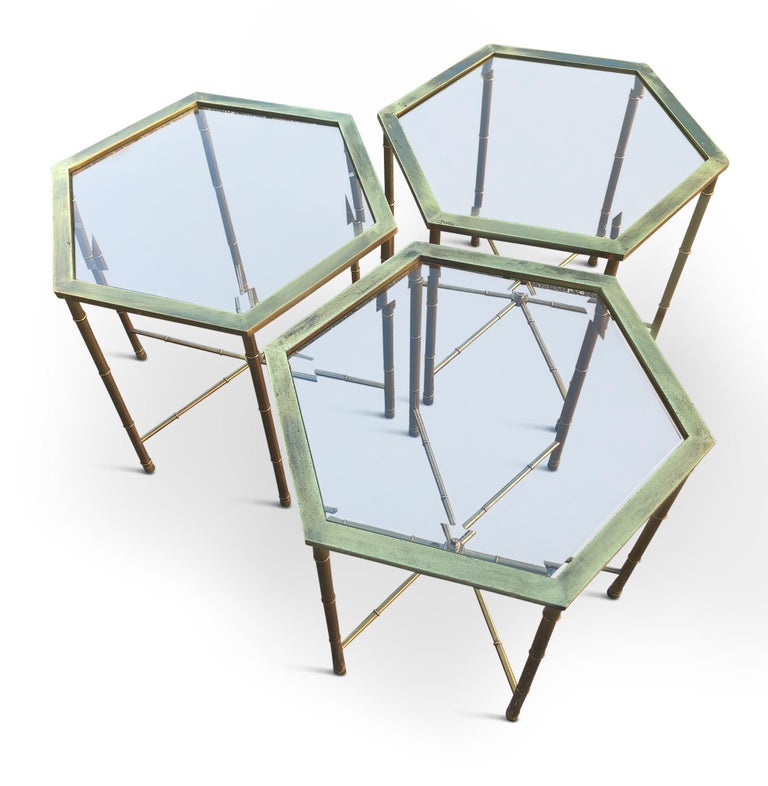 Mid-Century Modern Trio '3' Solid Brass Faux Bamboo Mastercraft Hexagonal Side Tables Mid-Century For Sale