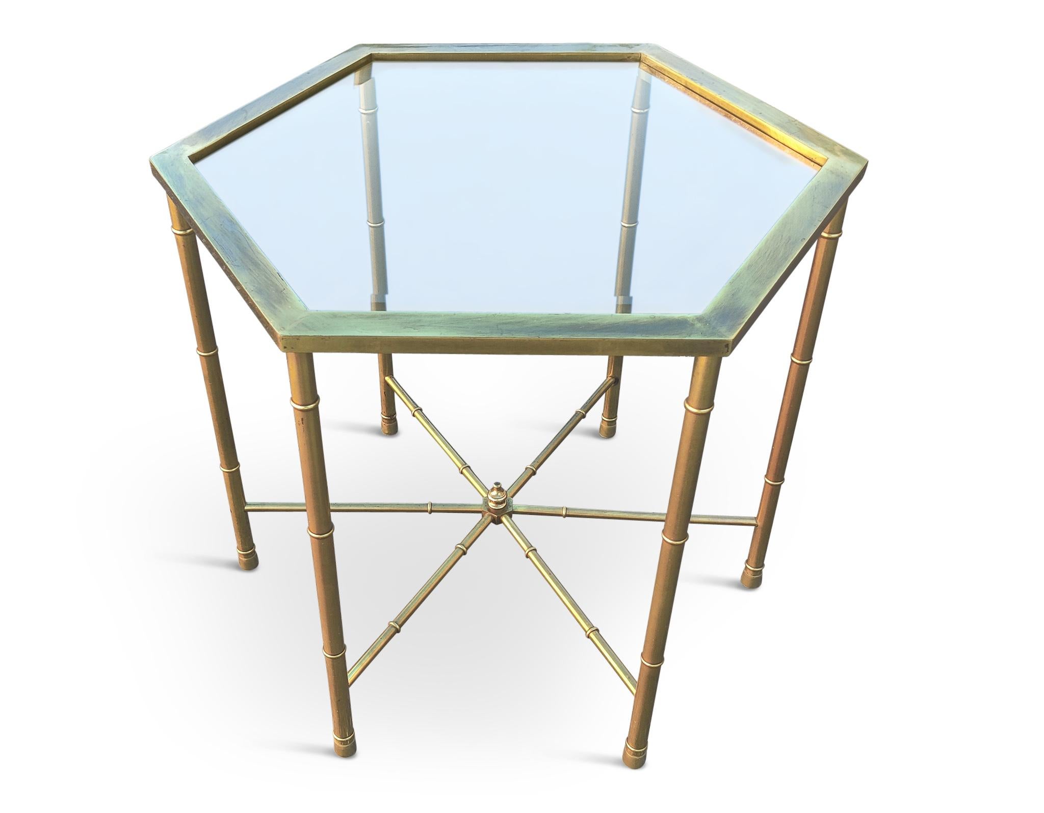 American Trio '3' Solid Brass Faux Bamboo Mastercraft Hexagonal Side Tables Mid-Century For Sale