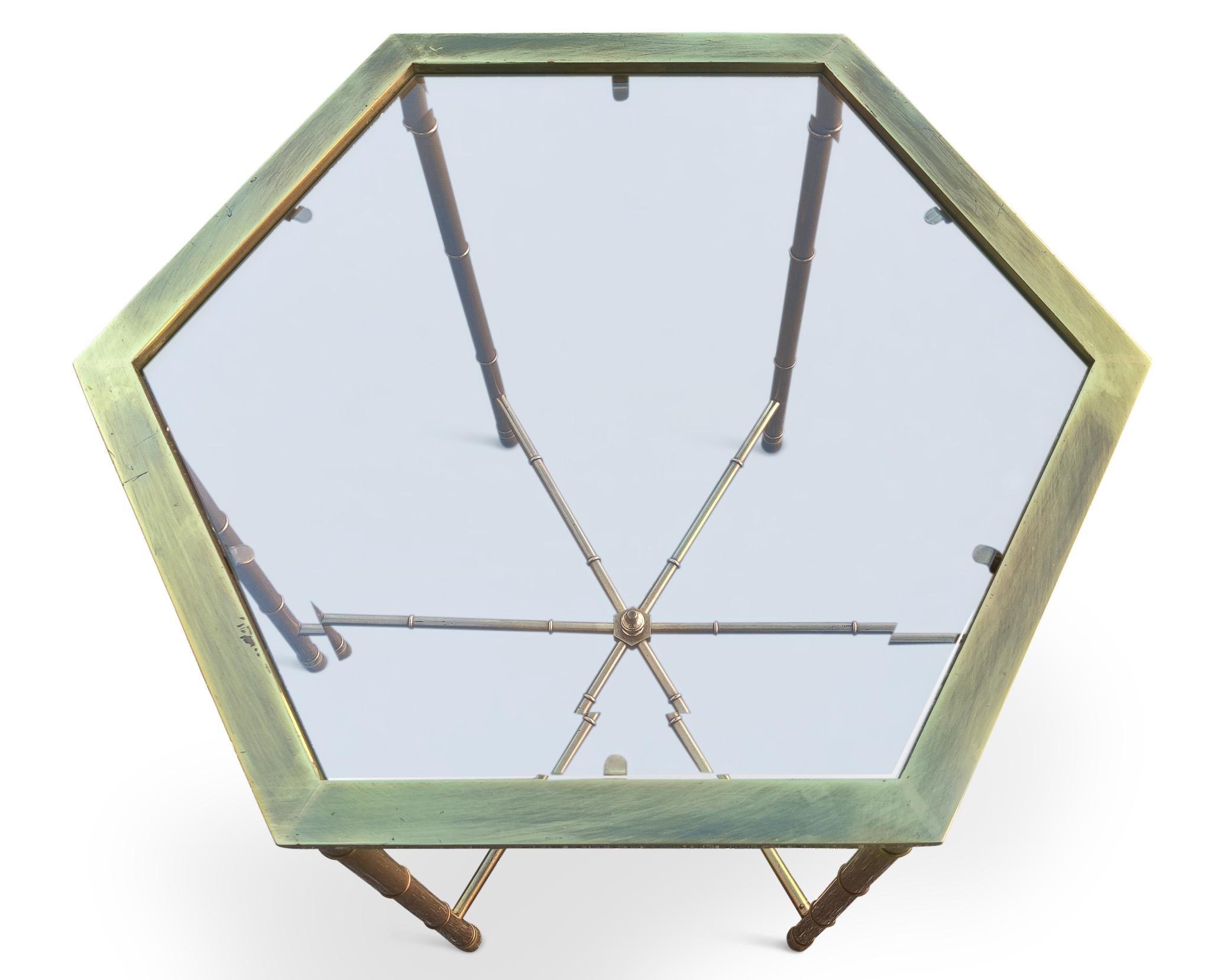 Late 20th Century Trio '3' Solid Brass Faux Bamboo Mastercraft Hexagonal Side Tables Mid-Century