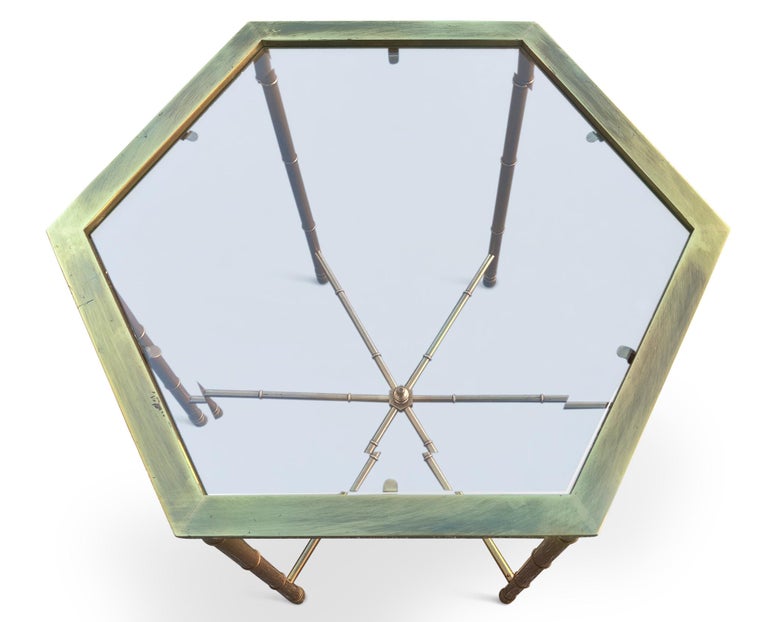 Late 20th Century Trio '3' Solid Brass Faux Bamboo Mastercraft Hexagonal Side Tables Mid-Century For Sale