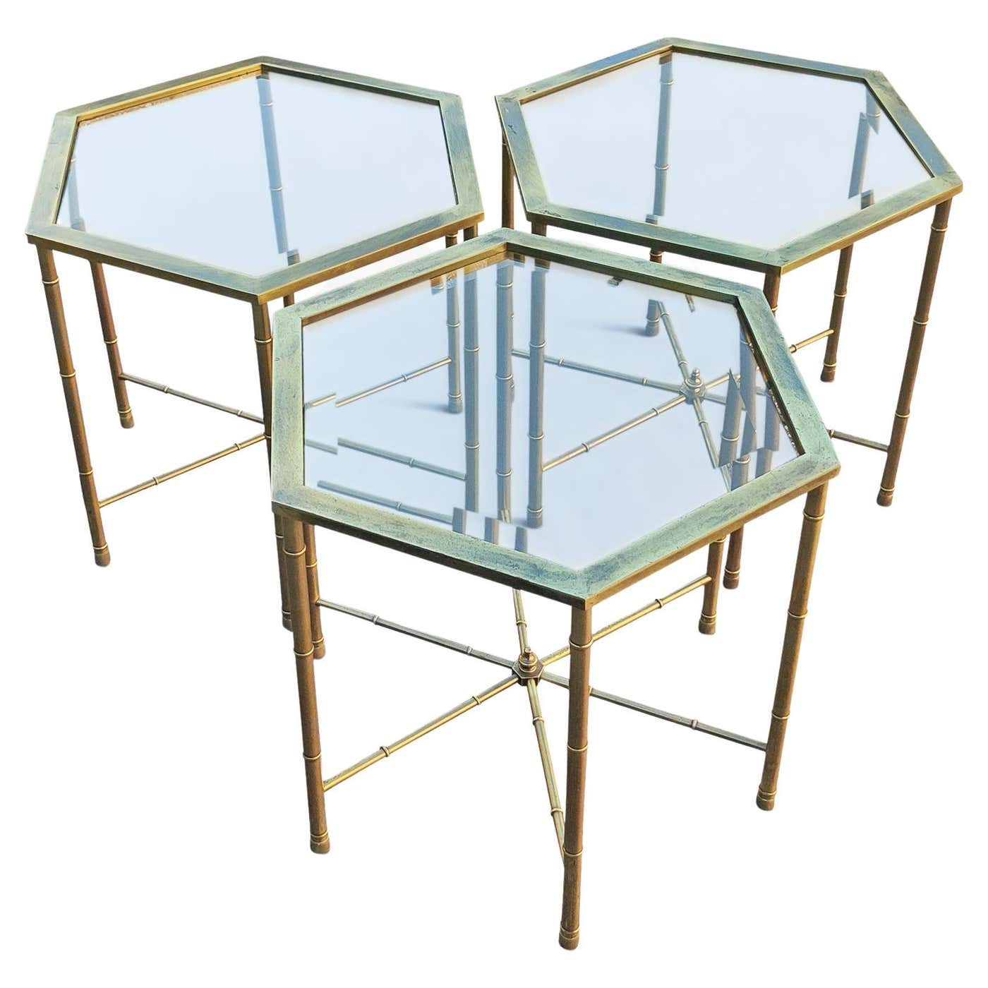 Trio '3' Solid Brass Faux Bamboo Mastercraft Hexagonal Side Tables Mid ...