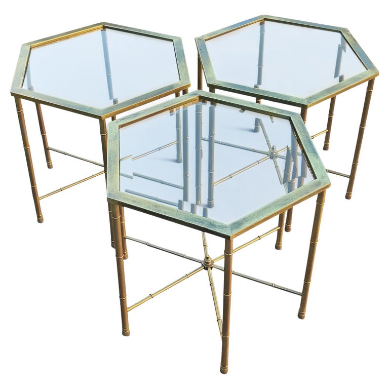 Trio '3' Solid Brass Faux Bamboo Mastercraft Hexagonal Side Tables Mid-Century For Sale