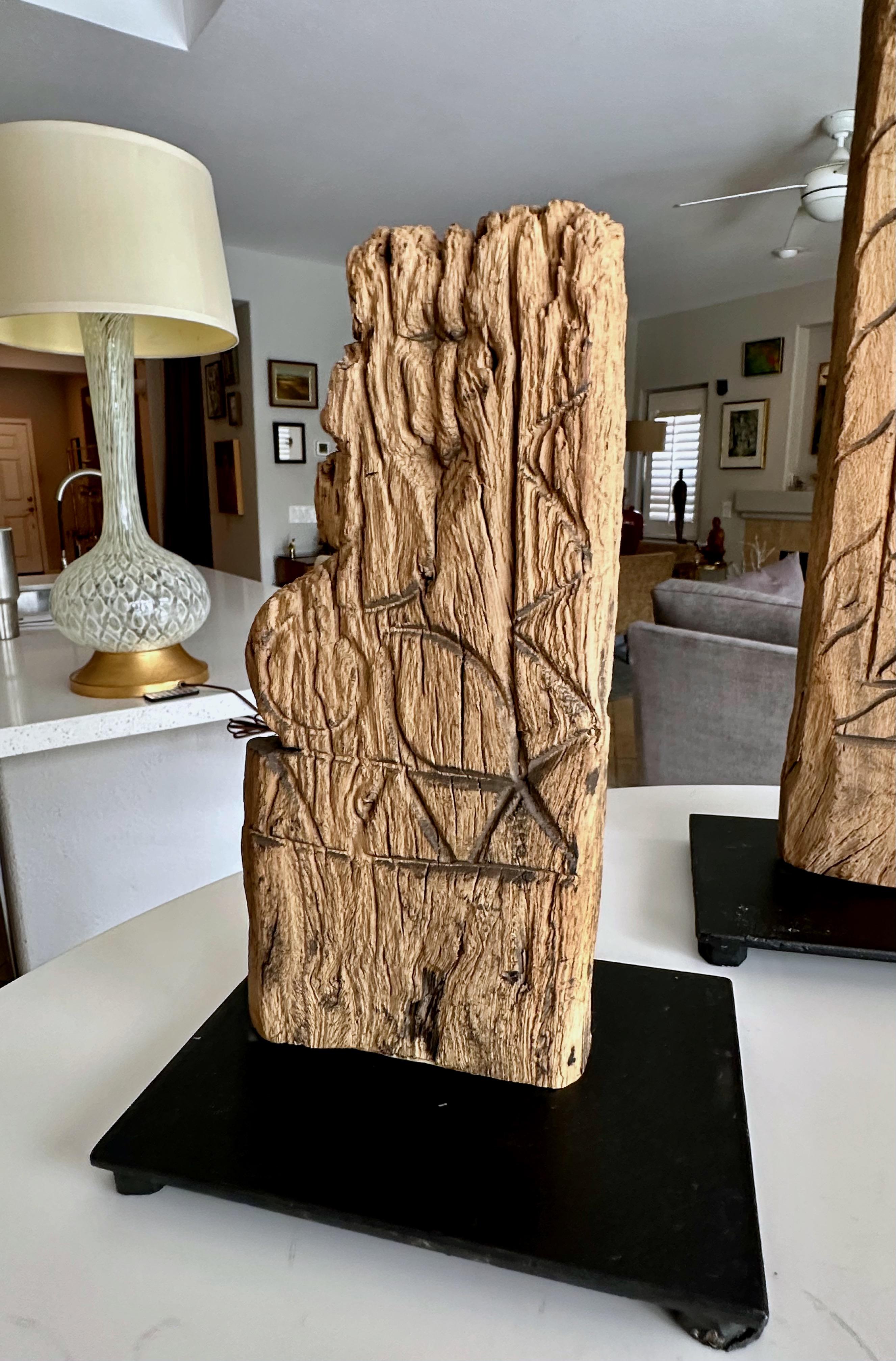 Trio Antique Architectural Carved Wood Fragments on Stands For Sale 6
