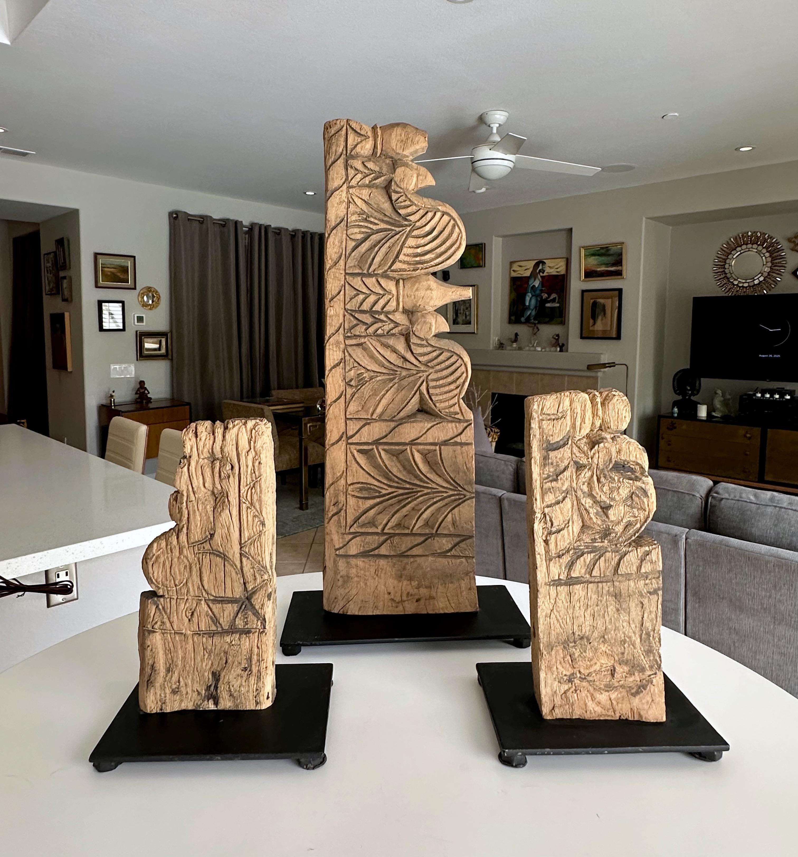 Trio Antique Architectural Carved Wood Fragments on Stands For Sale 13