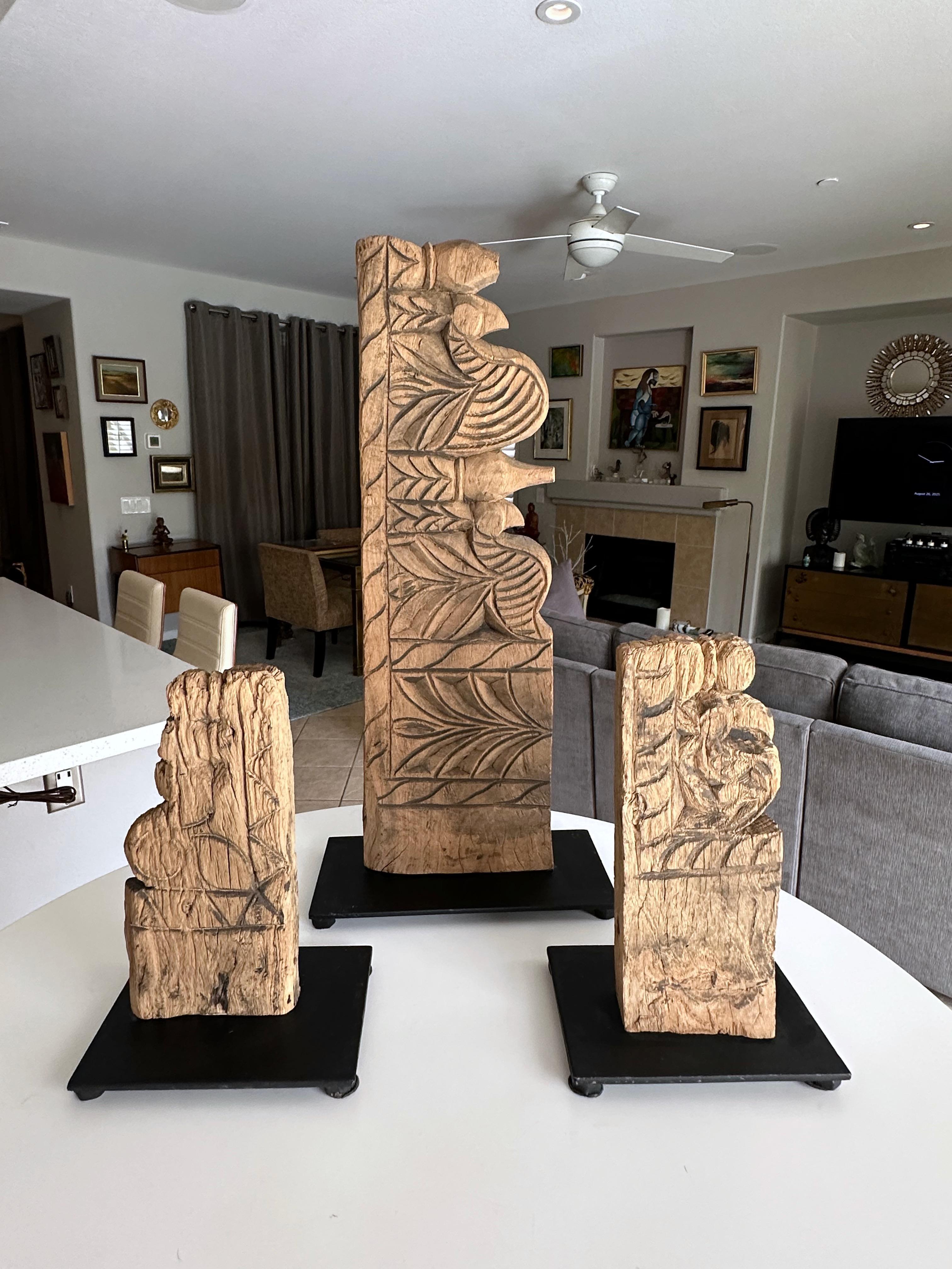 Trio Antique Architectural Carved Wood Fragments on Stands In Good Condition For Sale In Palm Springs, CA