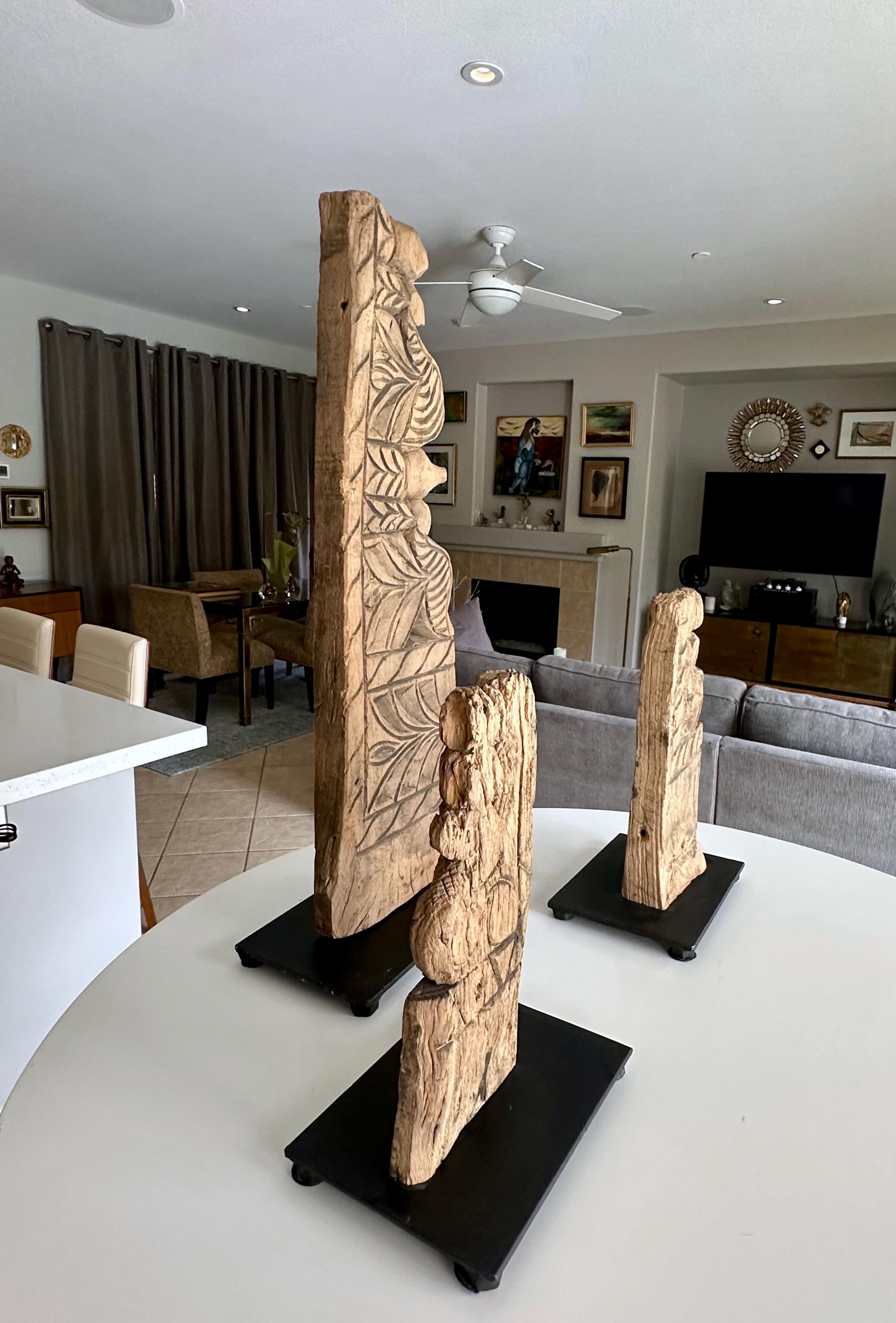 19th Century Trio Antique Architectural Carved Wood Fragments on Stands For Sale