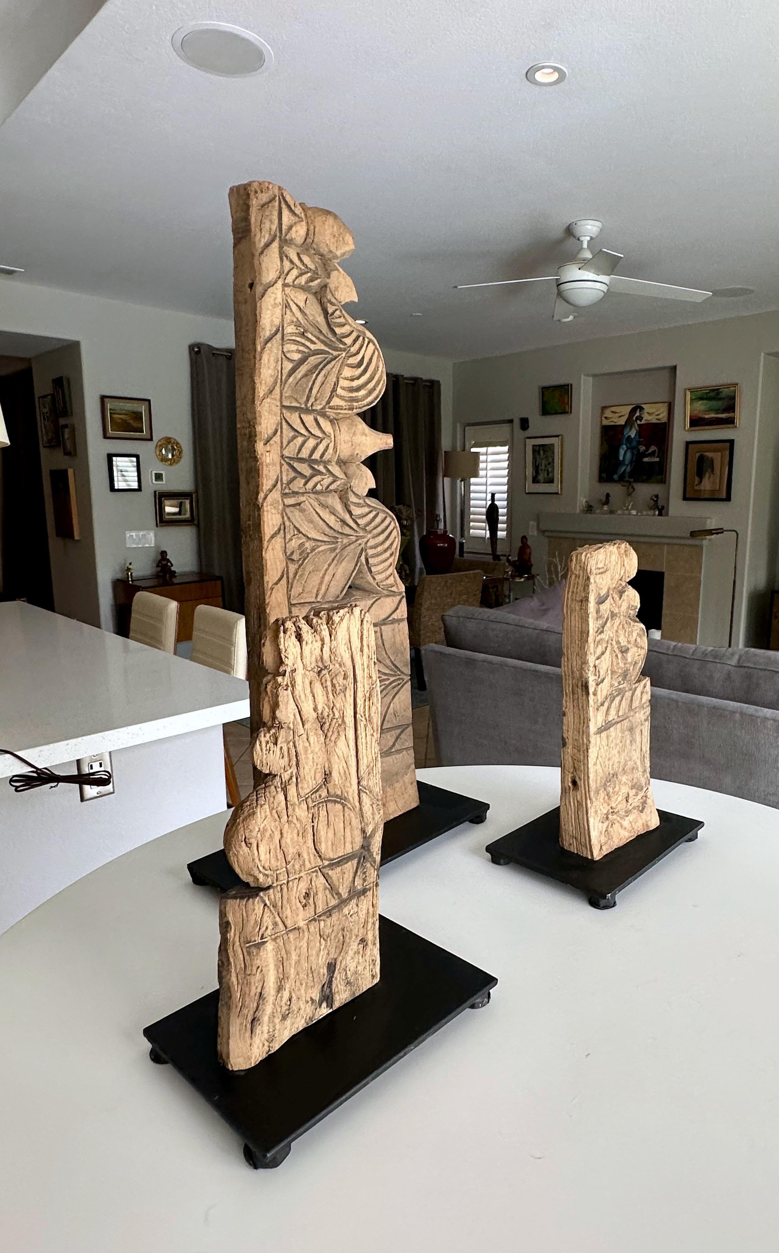 Trio Antique Architectural Carved Wood Fragments on Stands For Sale 1
